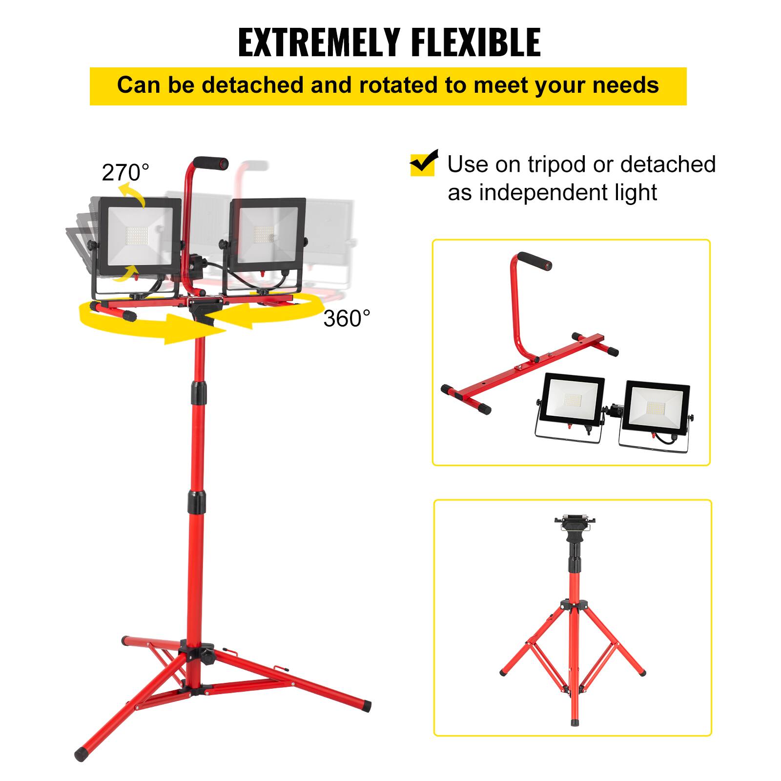EXTREMELY FLEXIBLE  
Can be detached and rotated to meet your needs  

270°  
360°  

Use on tripod or detached as independent light