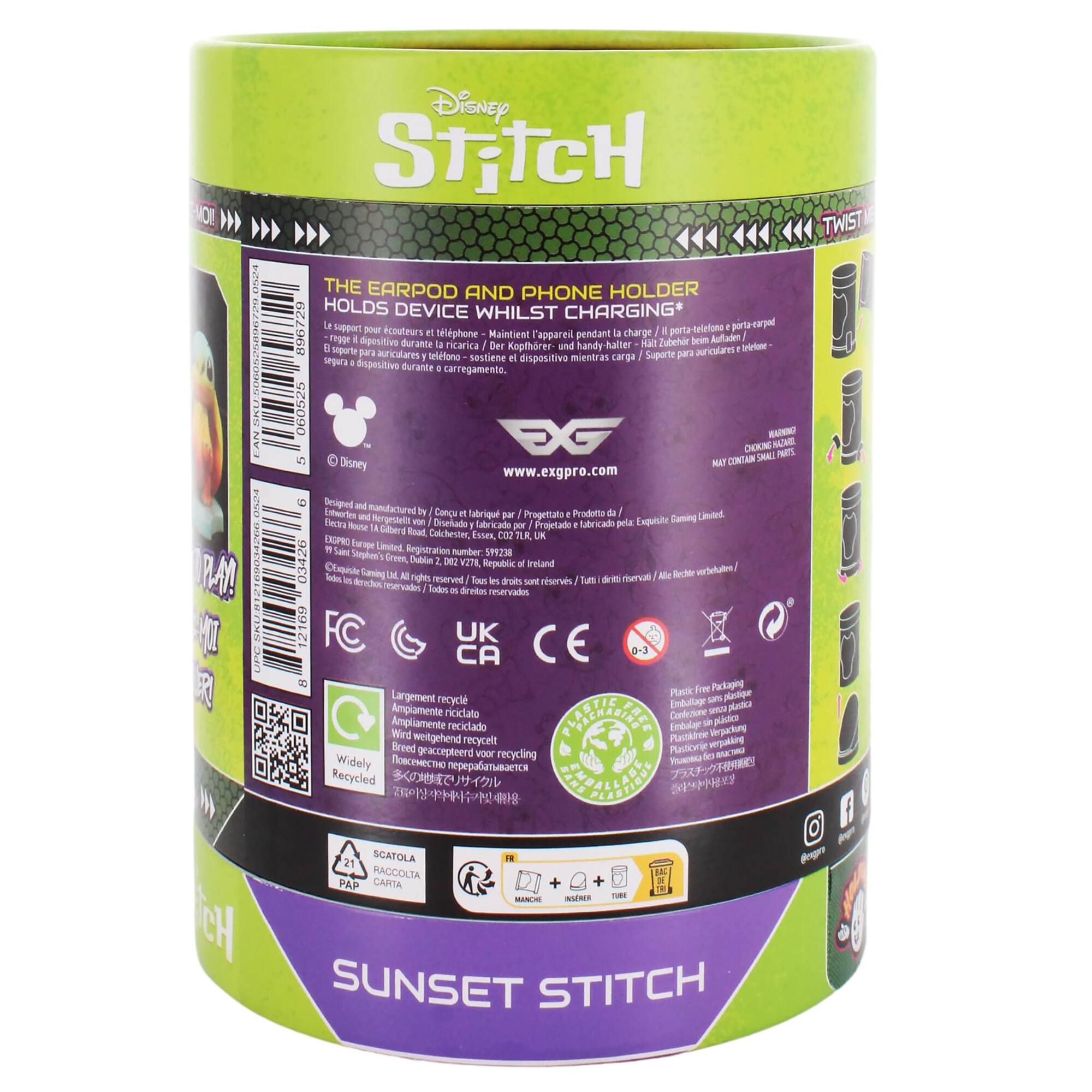 The text on the image is in a foreign language, so it is not possible to group and correct it. However, I can provide a general description of the product. The image features a green and purple container with a yellow label, which is a phone holder and earpod. The container is designed to hold a device while it is charging. The product is made by Disney and is intended for use with electronic devices.