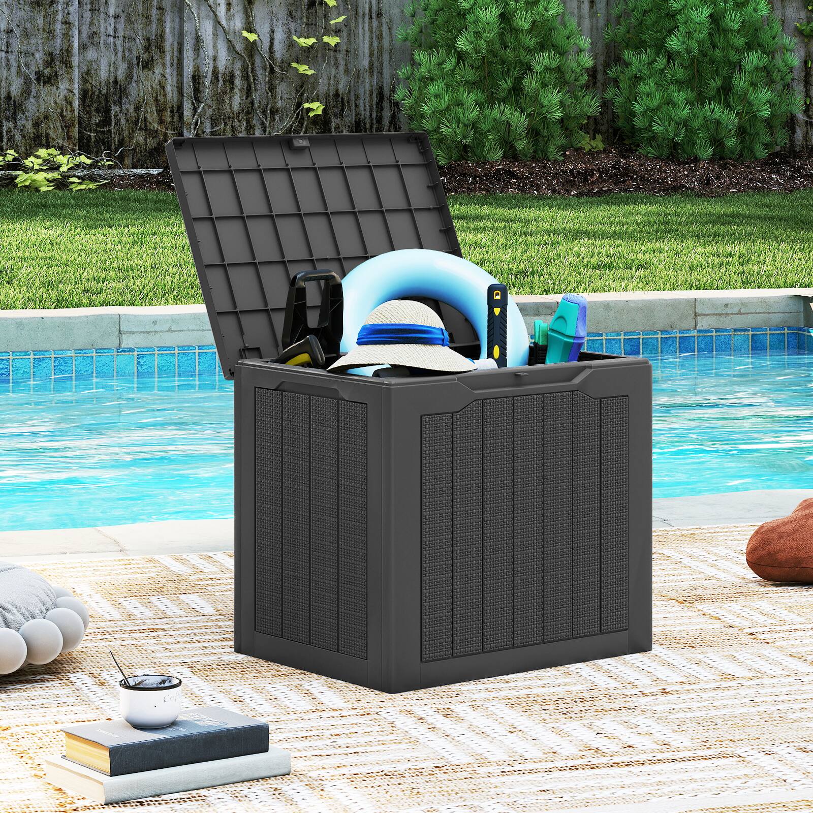 Alt View 4. Gymax - Gymax Outdoor Storage Box w/Lockable Lid & Wicker-woven Texture for Pool Accessories Black - Black.