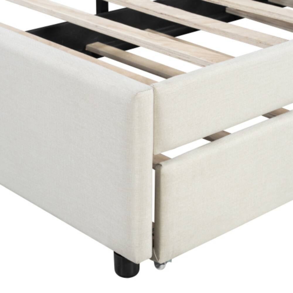 Alt View 1. LUCKY ONE - Queen Size Upholstered Platform Bed with Brick Pattern Headboard and Twin XL Trundle, Linen Fabric, No Box Spring Needed - Beige.