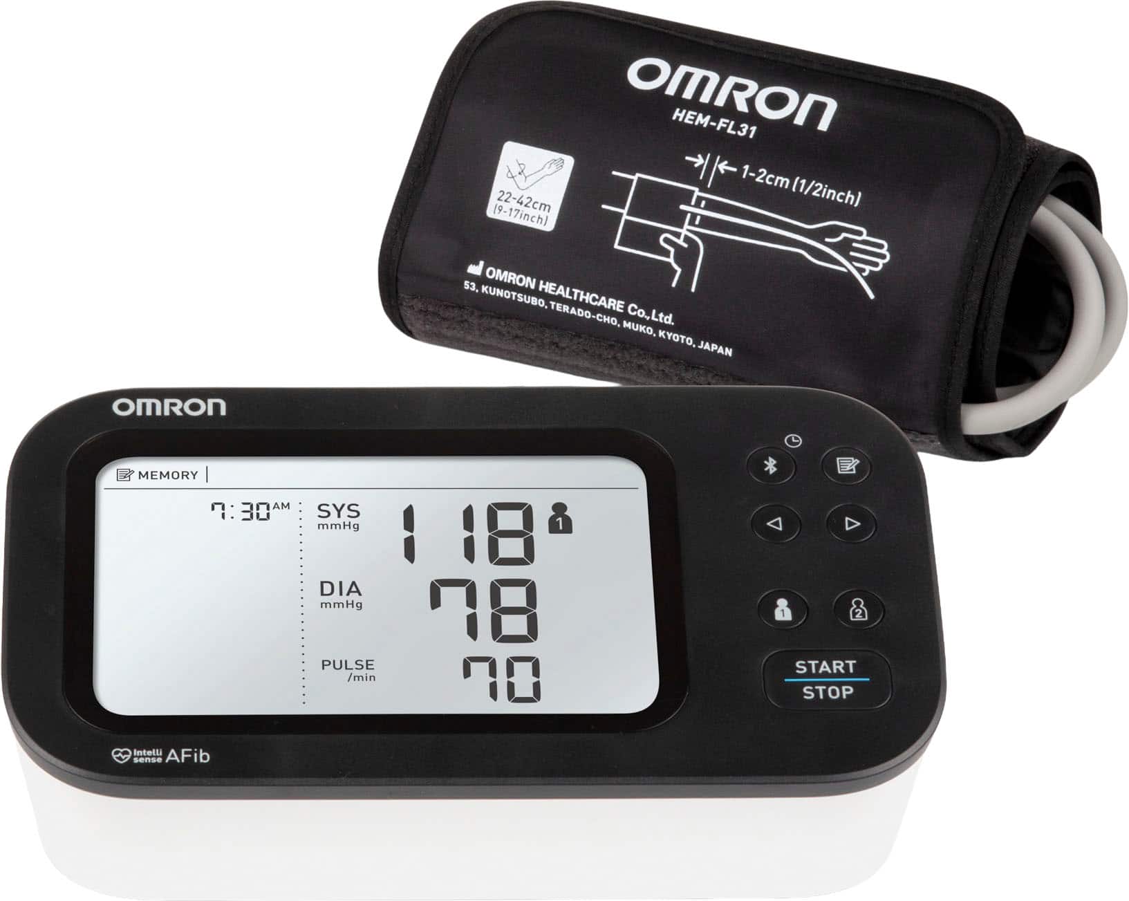 OmRON HEM-FL31 1-2cm 22-42cm (1/2inch) (9-17inch) 3. OMRON KUNOTSUBO. HEALTHCARE TERADO-CHO, Co.,Ltd. MUKO, KYOTO, JAPAN OmRON MEMORY AM 7:30 SYS mmHg DIA mmHg PULSE /min 1 1 18 78 00 START STOP Intetti AFib sense.