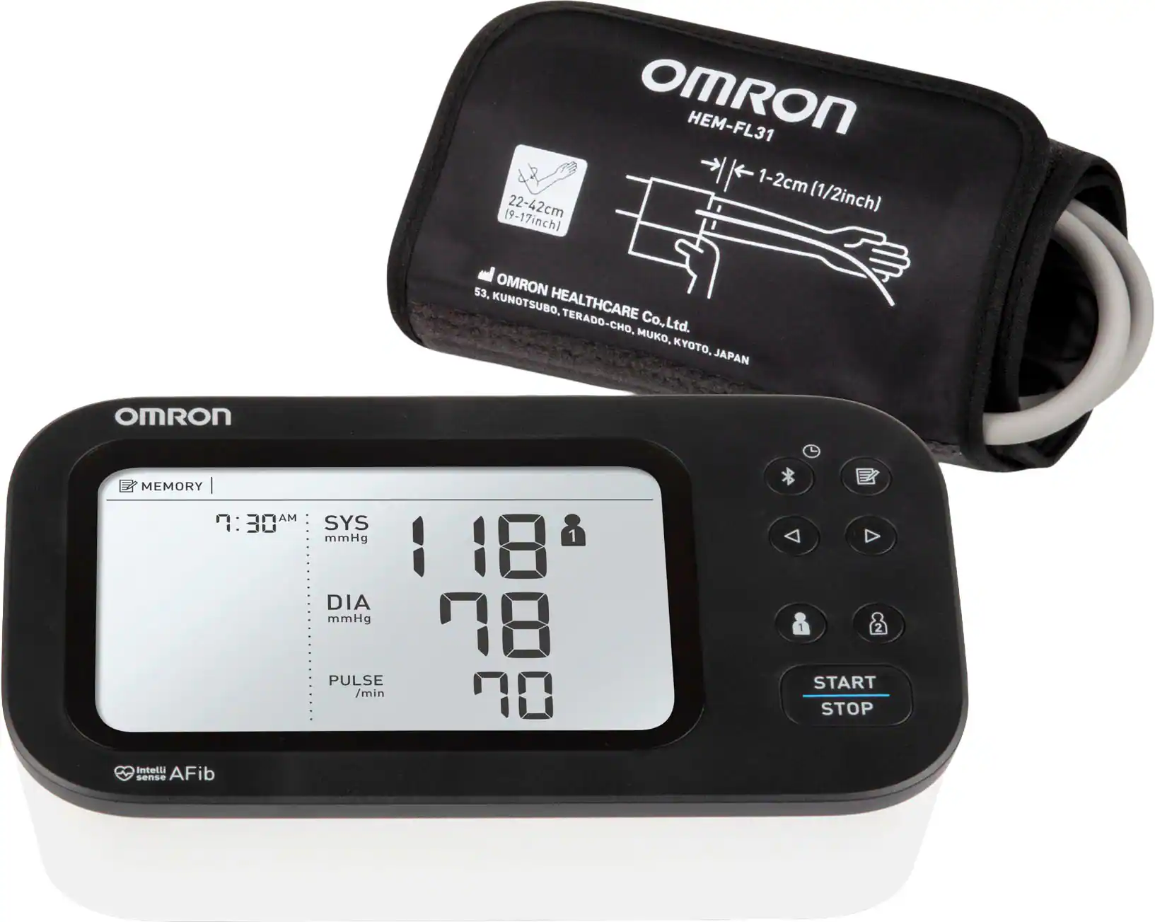 OmRON HEM-FL31 1-2cm 22-42cm (1/2inch) (9-17inch) 3. OMRON KUNOTSUBO. HEALTHCARE TERADO-CHO, Co.,Ltd. MUKO, KYOTO, JAPAN OmRON MEMORY AM 7:30 SYS mmHg DIA mmHg PULSE /min 1 1 18 78 00 START STOP Intetti AFib sense.