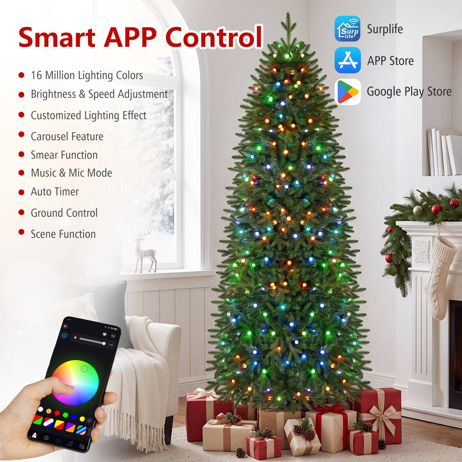 Smart APP Control

- 16 Million Lighting Colors
- Brightness & Speed Adjustment
- Customized Lighting Effect
- Carousel Feature
- Smear Function
- Music & Mic Mode
- Auto Timer
- Ground Control
- Scene Function

Surplife
APP Store
Google Play Store