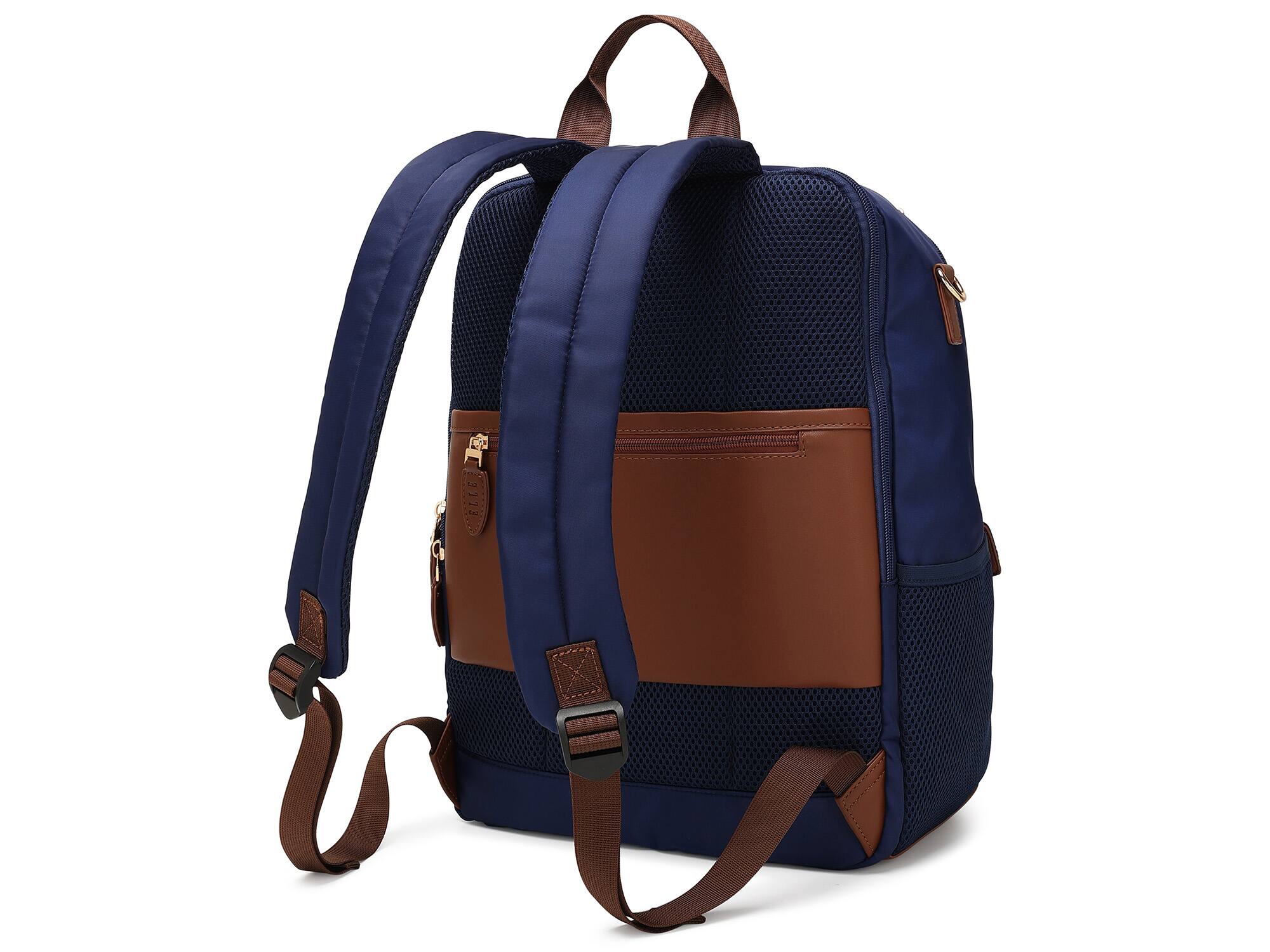 Back. Elle - ELLE Luxe Journey 18L Twill and Vegan Leather Backpack - Navy - Navy.