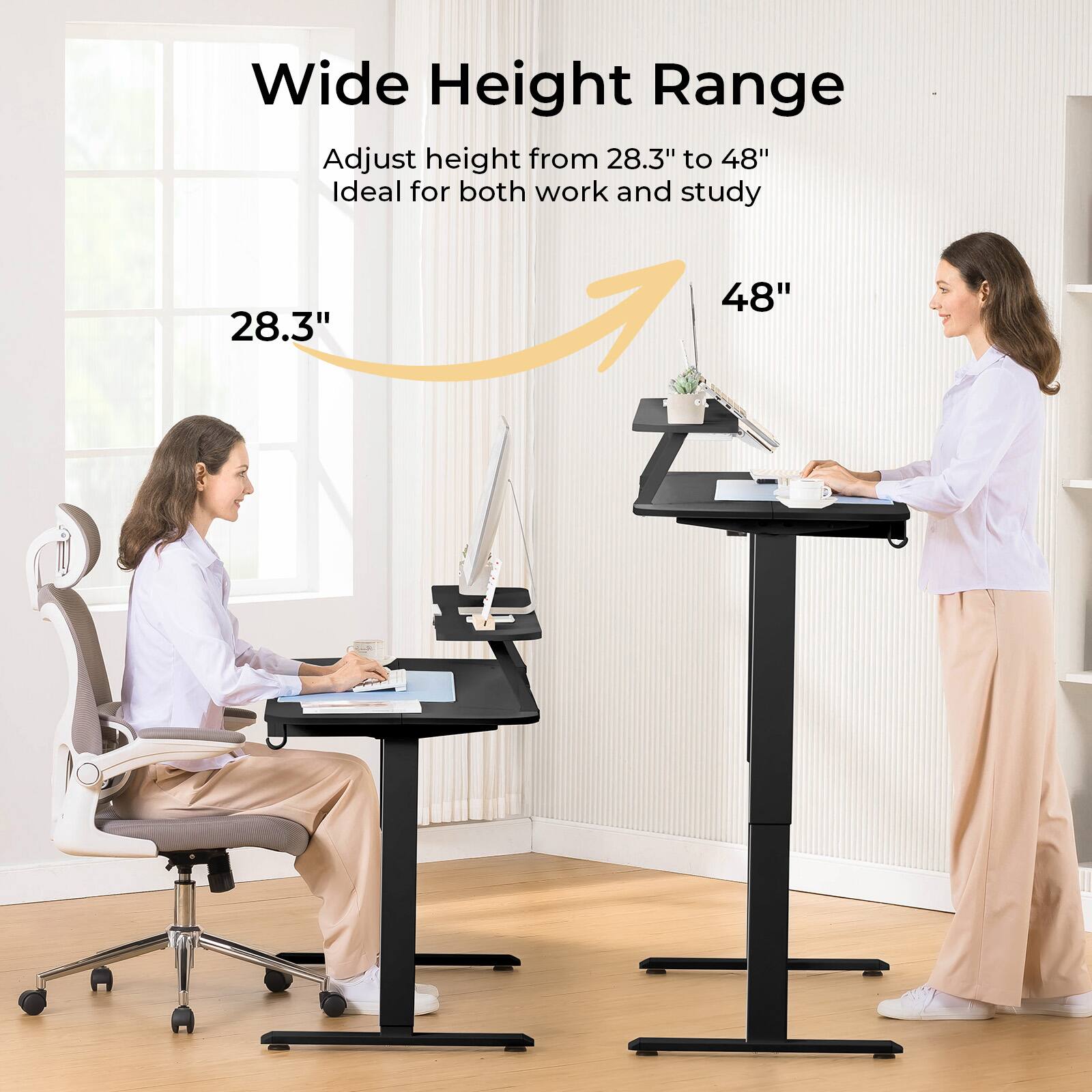 Wide Height Range  
Adjust height from 28.3" to 48"  
Ideal for both work and study  

28.3"  
48"