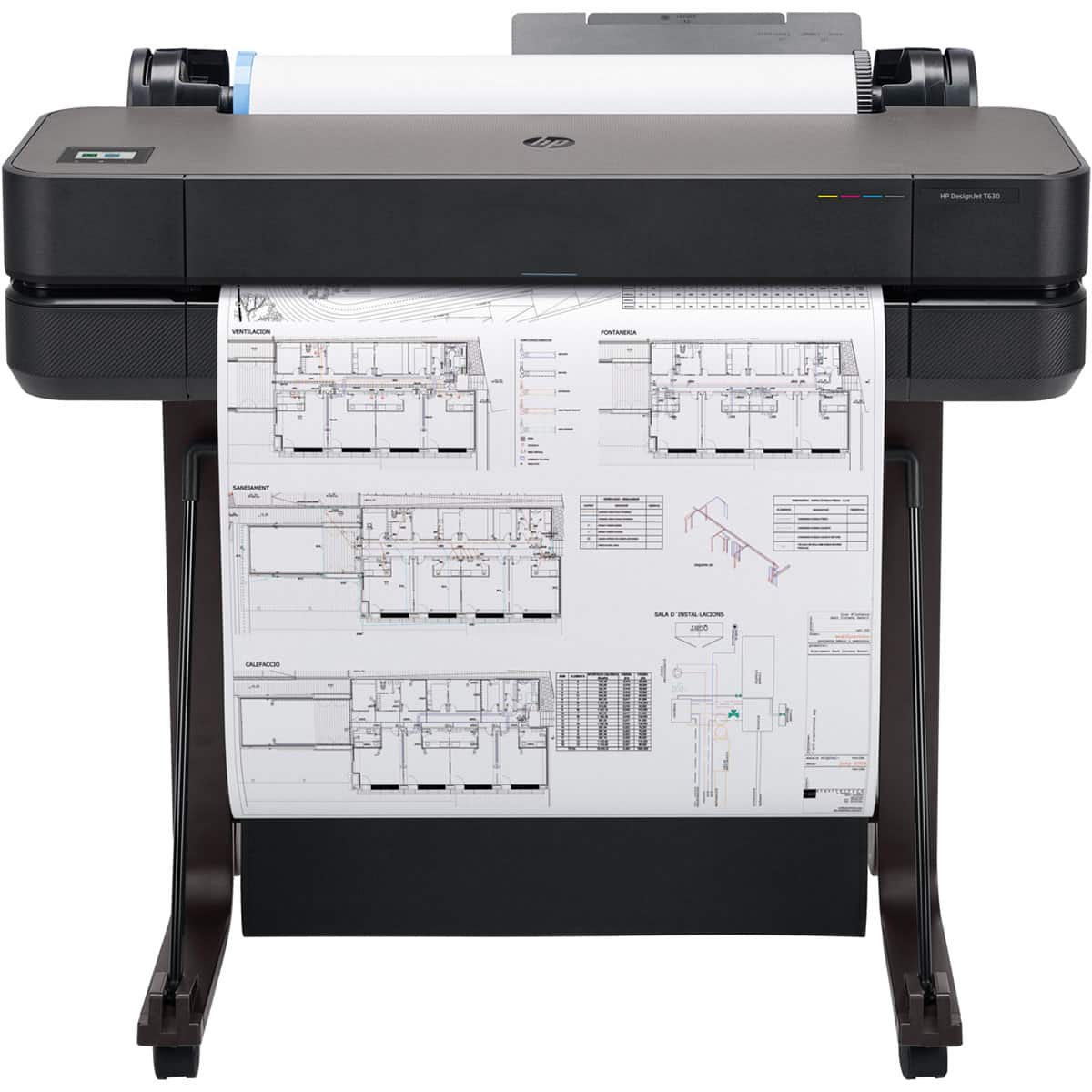 HP - DesignJet T630 Large Format 24-inch Plotter Printer w Auto Sheet Feeder, Media Bin, & Stand