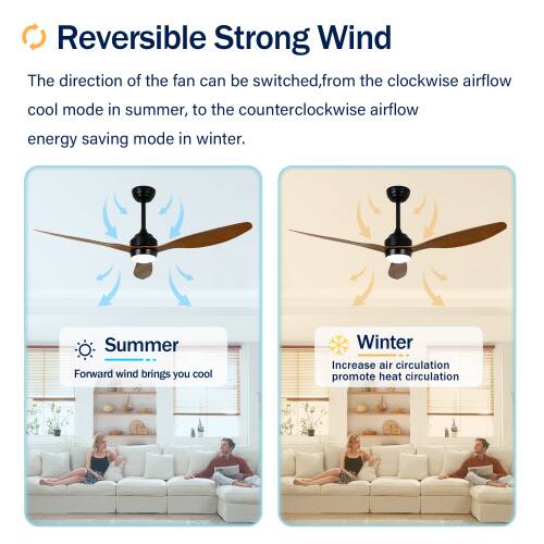 Reversible Strong Wind

The direction of the fan can be switched, from the clockwise airflow cool mode in summer, to the counterclockwise airflow energy saving mode in winter.

Summer: Forward wind brings you cool
Winter: Increase air circulation promote heat circulation