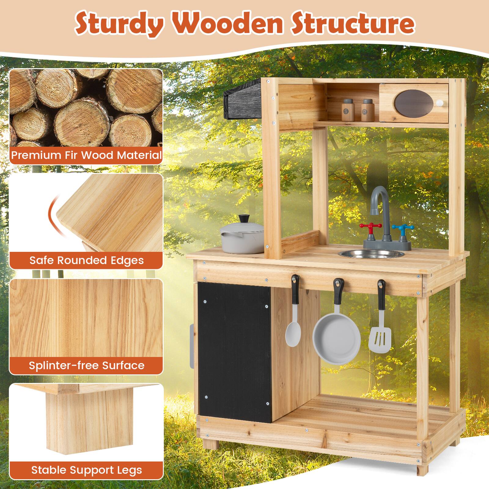 Sturdy Wooden Structure

- Premium Fir Wood Material
- Safe Rounded Edges
- Splinter-free Surface
- Stable Support Legs