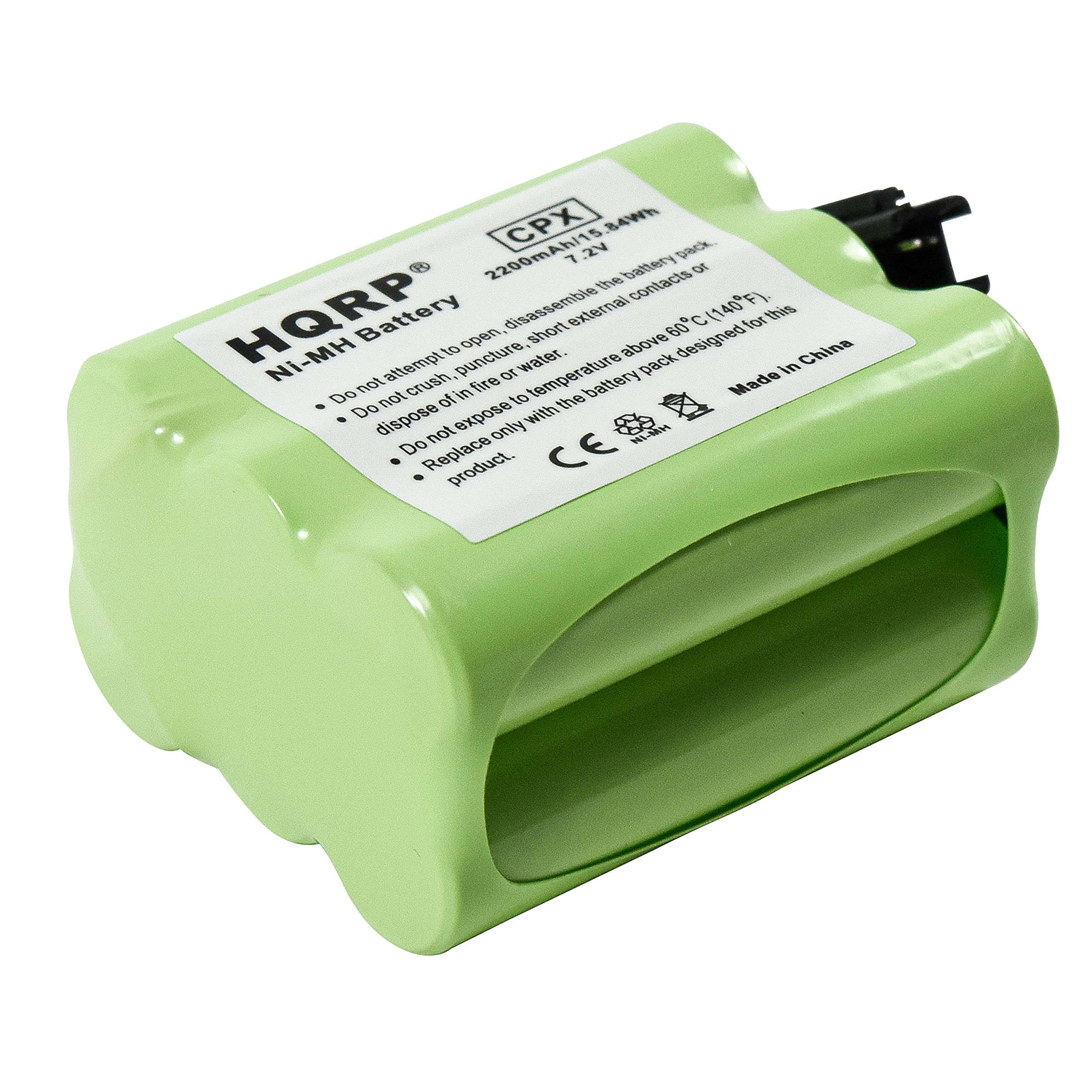 CPX 84W 2200mAh/15.48Wh 7.2V

HQRP Ni-MH Battery

- Do not attempt to disassemble the contacts or puncture open, dispose of in fire or water.
- Do not expose to temperatures above 60°C (140°F).
- Do not crush, short, or expose to water.
- Replace only with the same product.

Made in China

CE