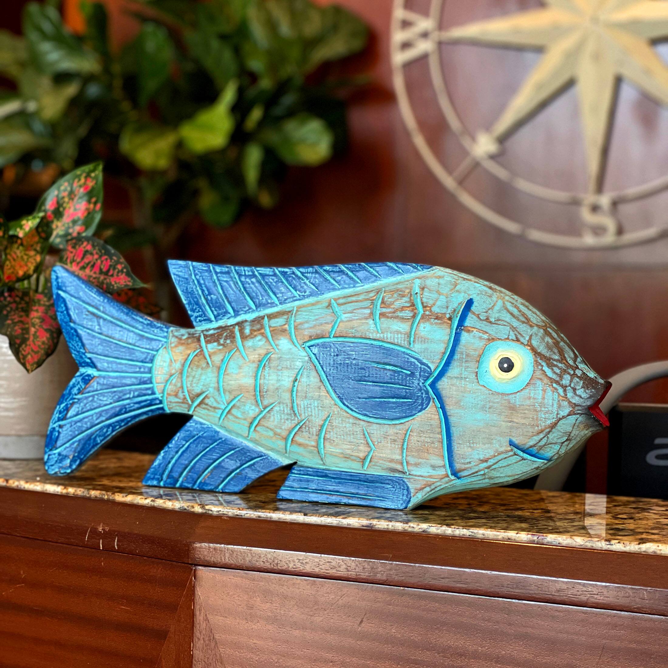 Alt View 3. Things2Die4 - Hand Carved Blue Wooden Fish Statue 19" Nautical Coastal Decor Wood Accent - Blue.
