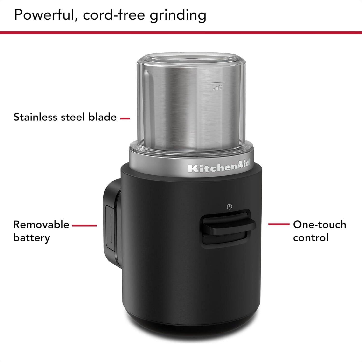 The image shows a powerful cord-free grinding machine made by KitchenAid. The machine features a stainless steel blade and a removable battery, allowing for easy use and portability. The one-touch control ensures smooth operation and efficient grinding.