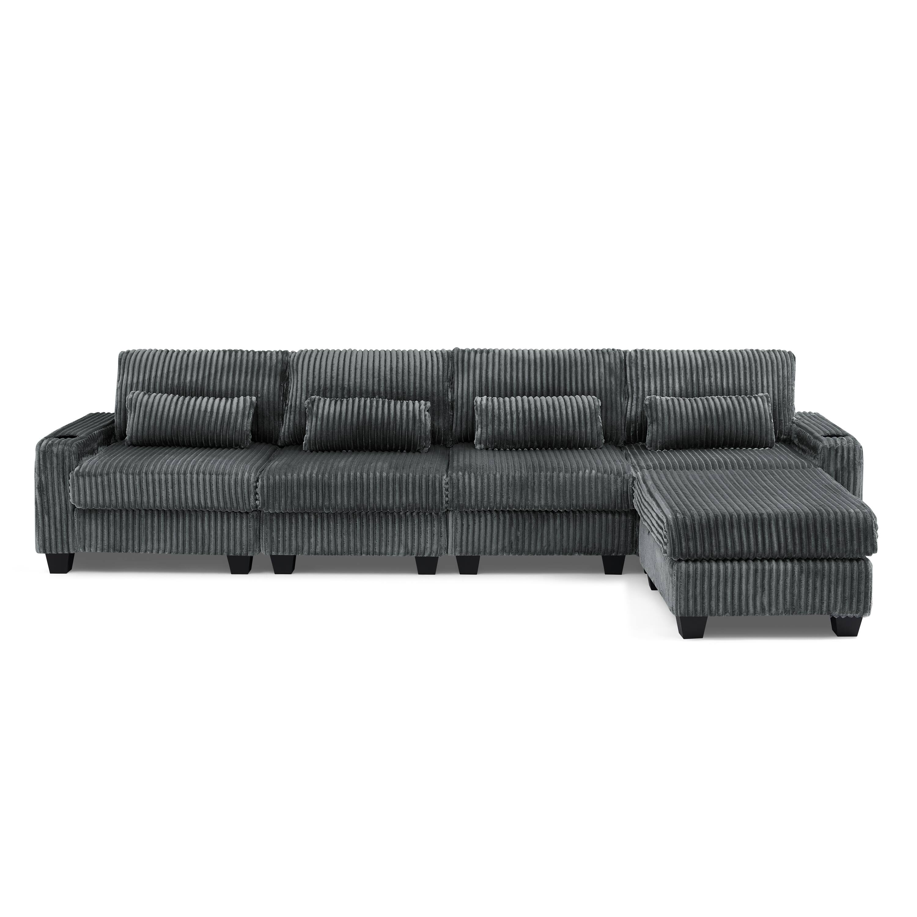 Back. Whisen - 4-Seater L-Shaped Modular Corduroy Sectional Sofa with Ottoman for Living Room - Dark Gray.