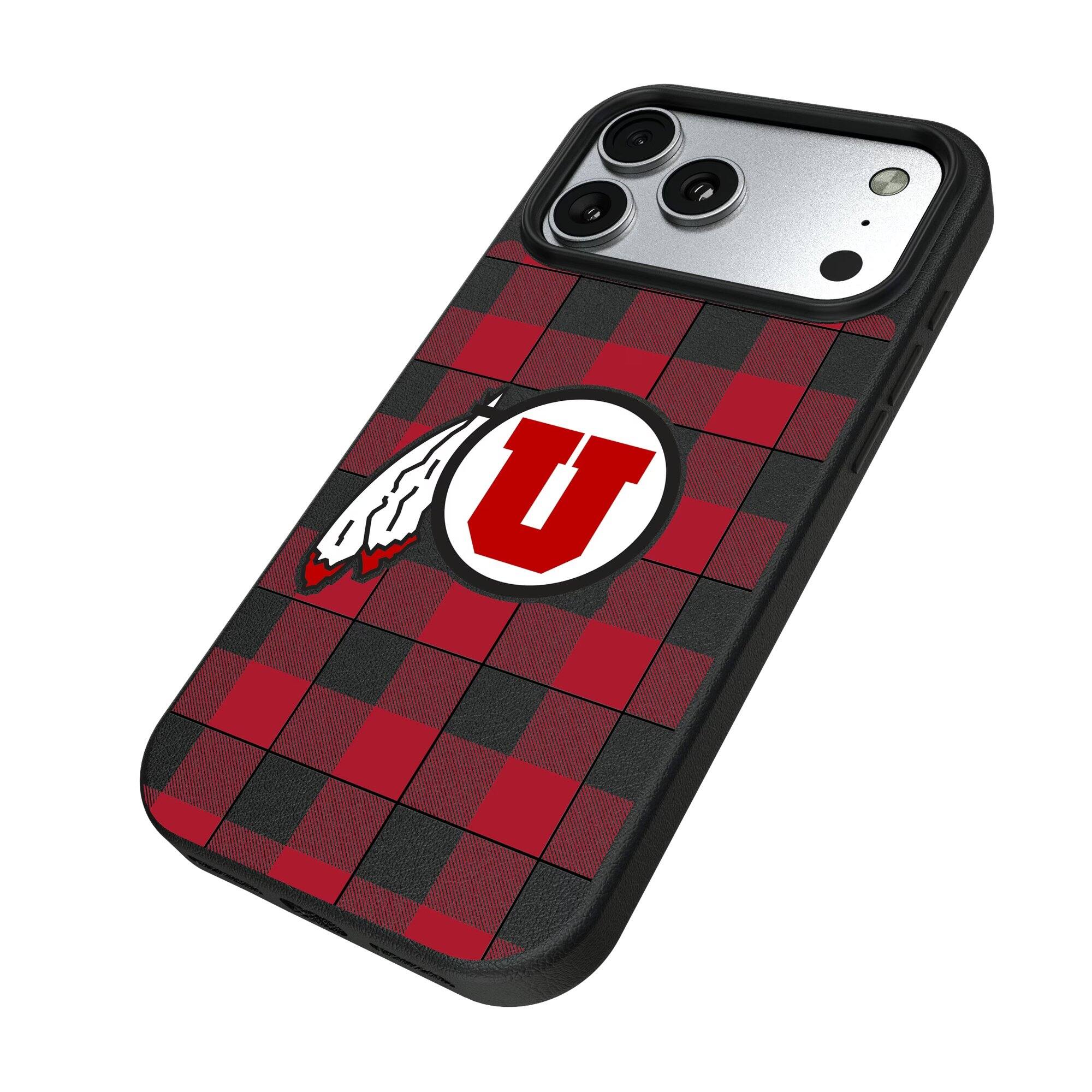 Alt View 1. Keyscaper - Utah Utes Plaid Magnetic Bump iPhone Case - 15 Pro - Black.