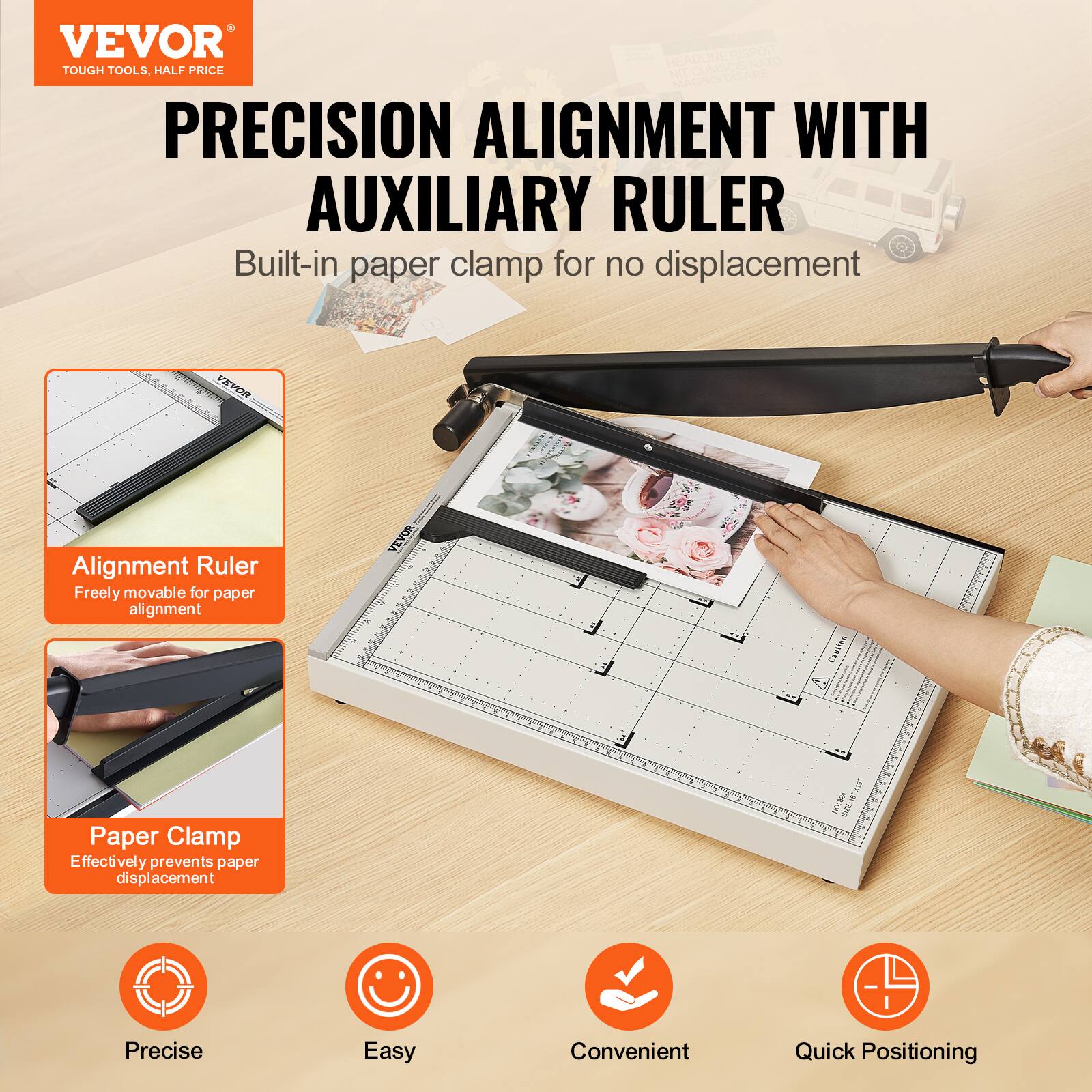 VEVOR  
TOUGH TOOLS, HALF PRICE  

PRECISION ALIGNMENT WITH AUXILIARY RULER  
Built-in paper clamp for no displacement  

Alignment Ruler  
Freely movable for paper alignment  

Paper Clamp  
Effectively prevents paper displacement  

Precise  
Easy  
Convenient  
Quick Positioning