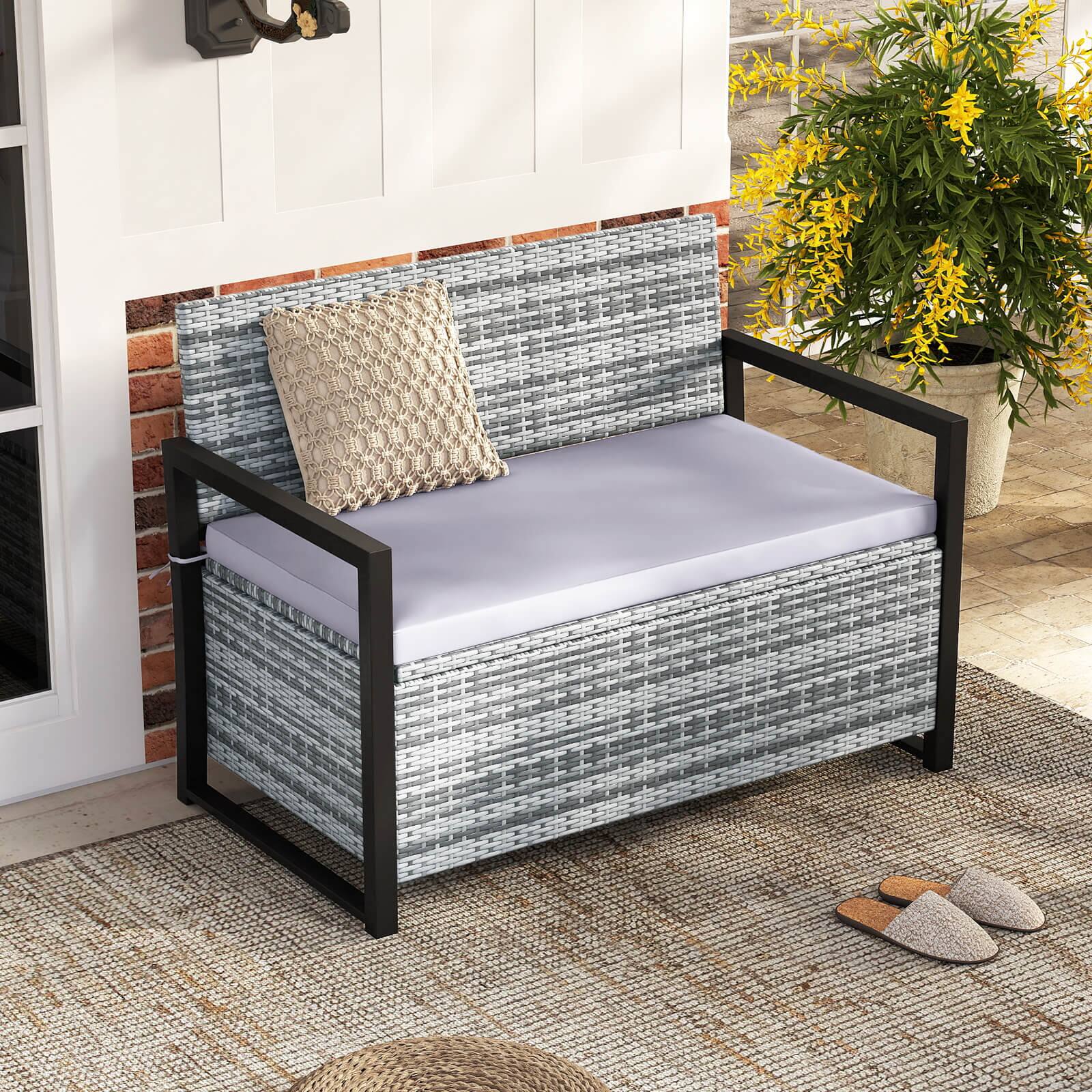 Alt View 1. Costway - Costway Patio Storage Bench Wicker Loveseat with Built-in Storage & Long Seat Cushion - Gray.