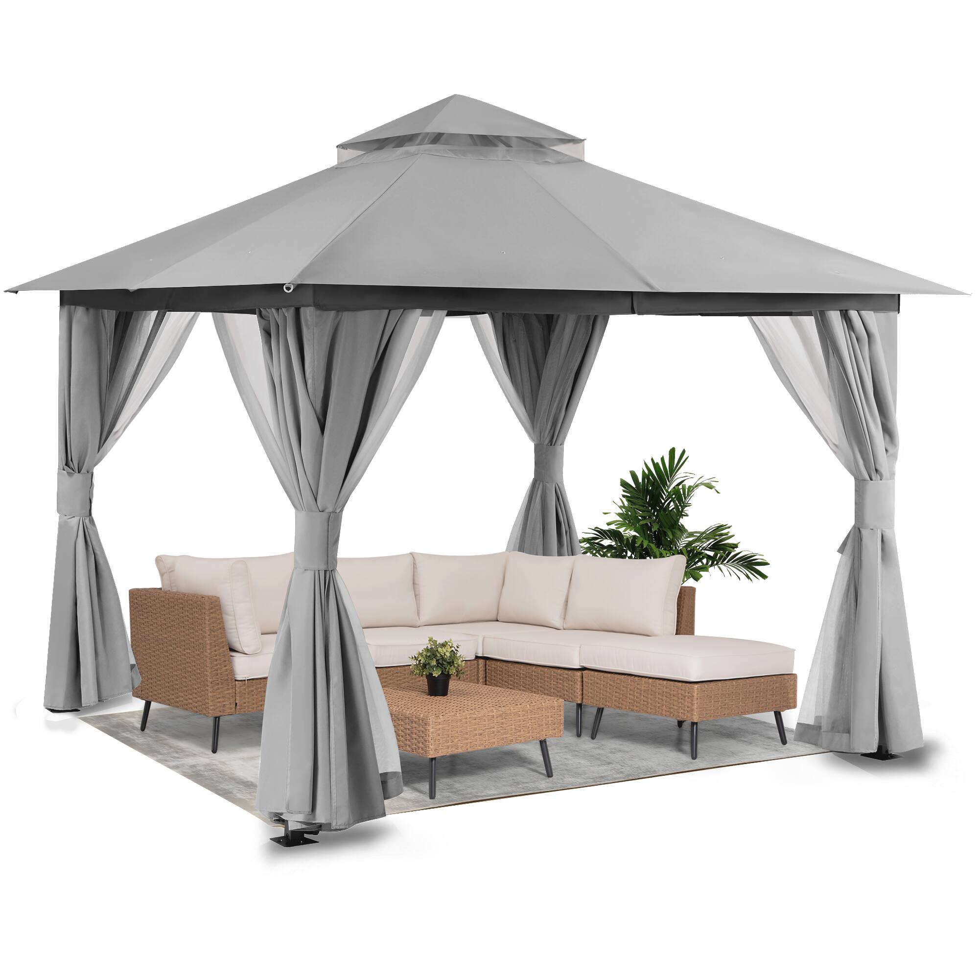 Front. Decksplore - Semi-Permanent Patio Gazebo 10'x10' with Double Roofs, Mosquito Nettings and Privacy Screens - Grey.