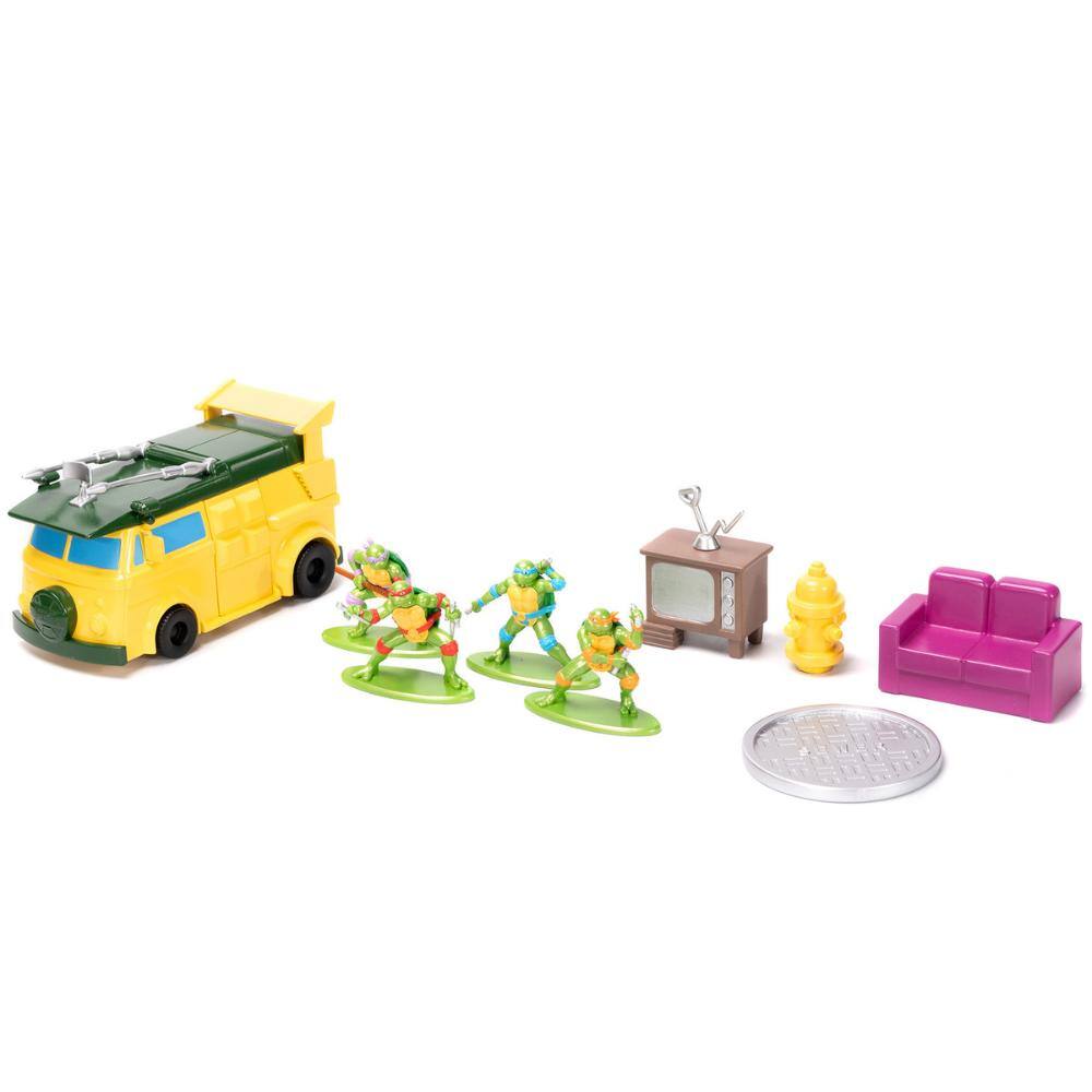 Back. Jada - "Teenage Mutant Ninja Turtles" Turtle Lair Diorama Set with Figures and Party Wagon "Nano Scene" Series Model by Jada - Brown.