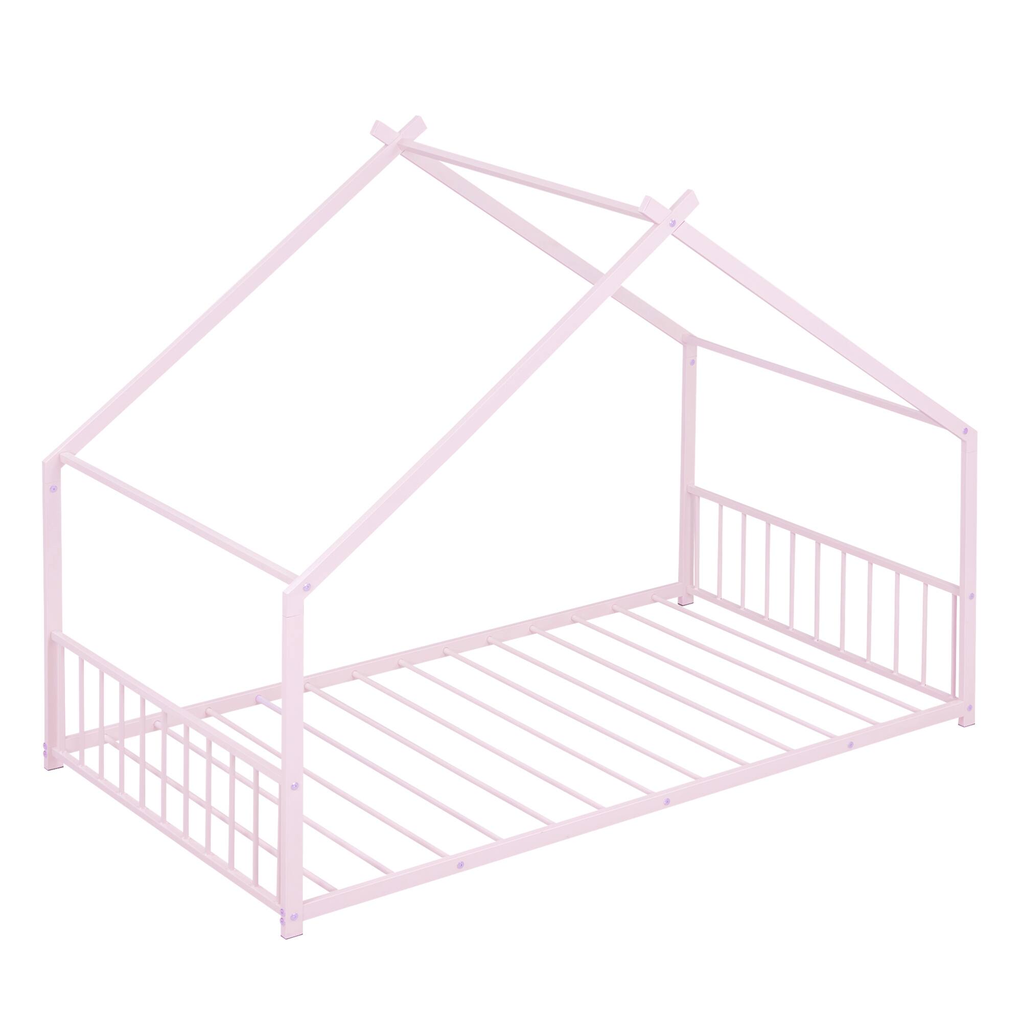Alt View 4. GOODSILO - Twin Size Metal House Frame Bed with Playful Roof Design for Children's Bedroom and Play Area - Pink.