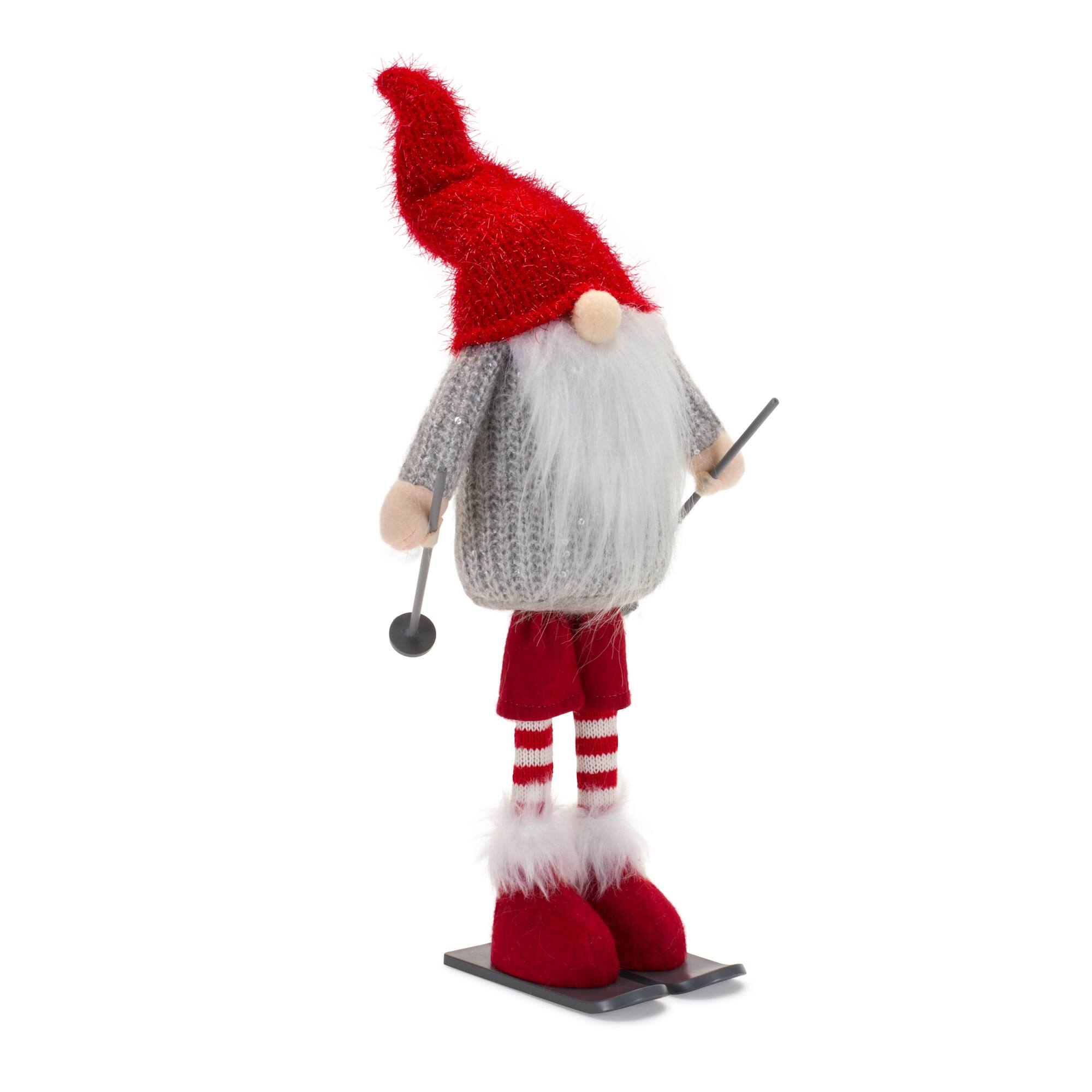 Back. BreeBe - Plush Standing Gnome Skier (Set of 6) - Grey, Red, White.