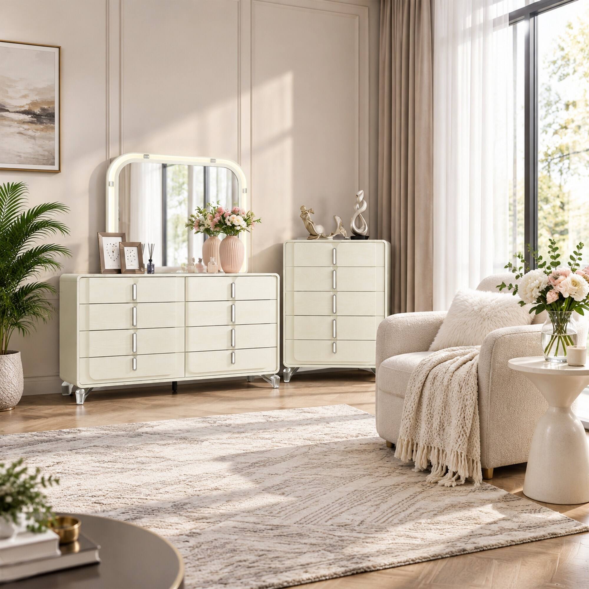 Alt View 1. RYHNUYNE - Beige LED Dresser Mirror, Large Rounded Edges, Impact Resistant Glass, Contemporary Bedroom Vanity - Beige.