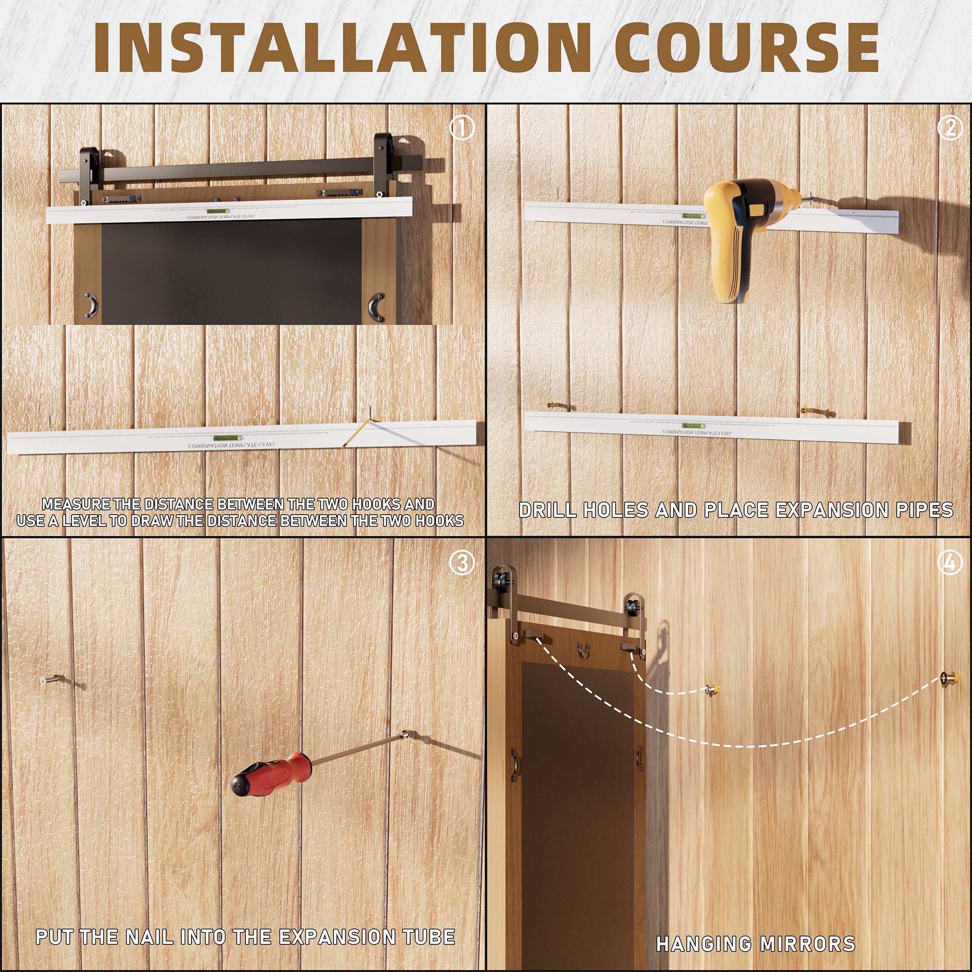 **INSTALLATION COURSE**

1. Measure the distance between the two hooks and use a level to draw the distance between the two hooks.
2. Drill holes and place expansion pipes.
3. Put the nail into the expansion tube.
4. Hanging mirrors.