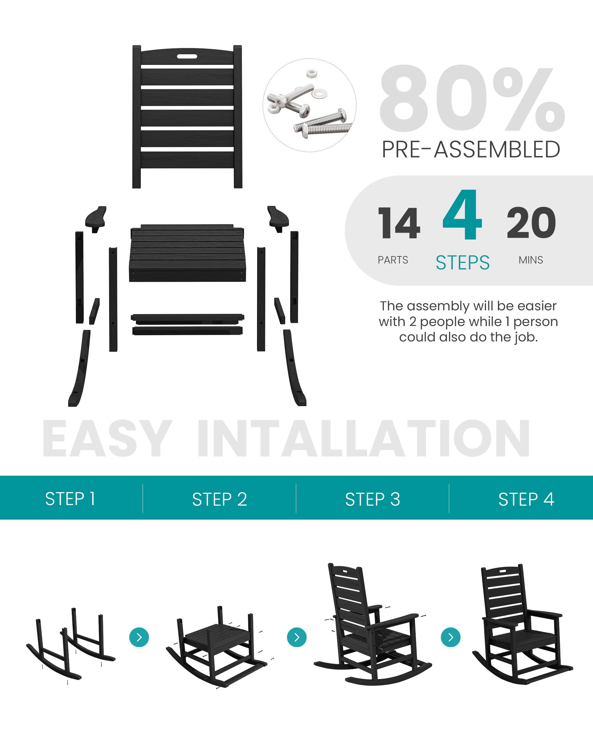 SERWALL Outdoor Rocking Chair Set of 2, Oversized HDPE Rocker Black ...