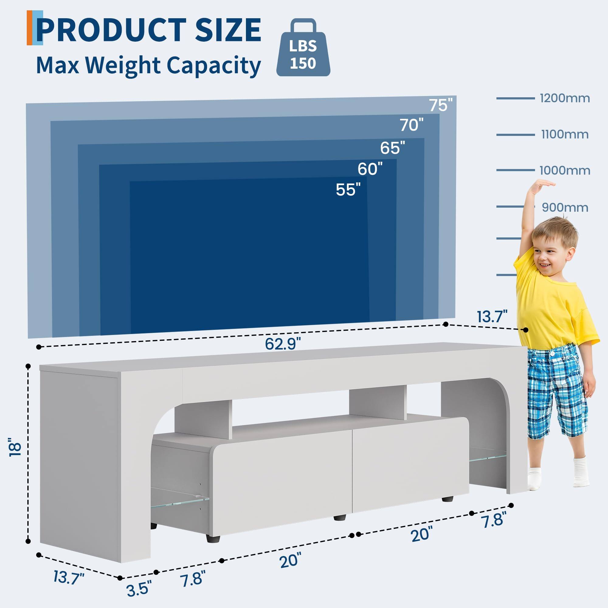PRODUCT SIZE  
Max Weight Capacity 150 LBS  

75" 1200mm  
70" 1100mm  
65" 1000mm  
60" 900mm  
55"  

62.9"  
18"  
13.7"  
3.5"  
7.8"  
20"  
20"  
7.8"