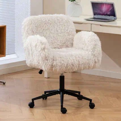 Front. HTUTWOO - Teddy Fleece Criss Cross Chair - with 3-Gear Adjustable Armrests, Height Adjustable Desk Chair, for Home Office Bedroom - Beige.