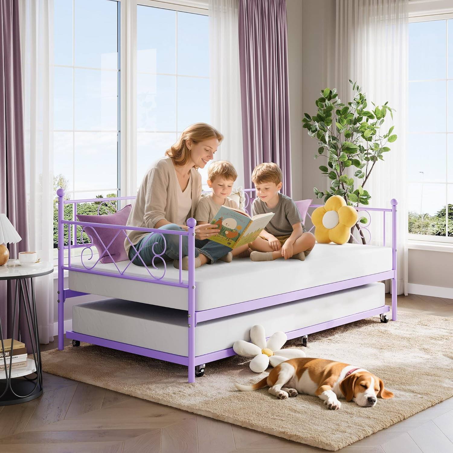 Back. GARVEE - Twin Daybed with Trundle, Metal Frame, Heart-Shaped Headboard, Purple – Space-Saving & Cute - Purple.