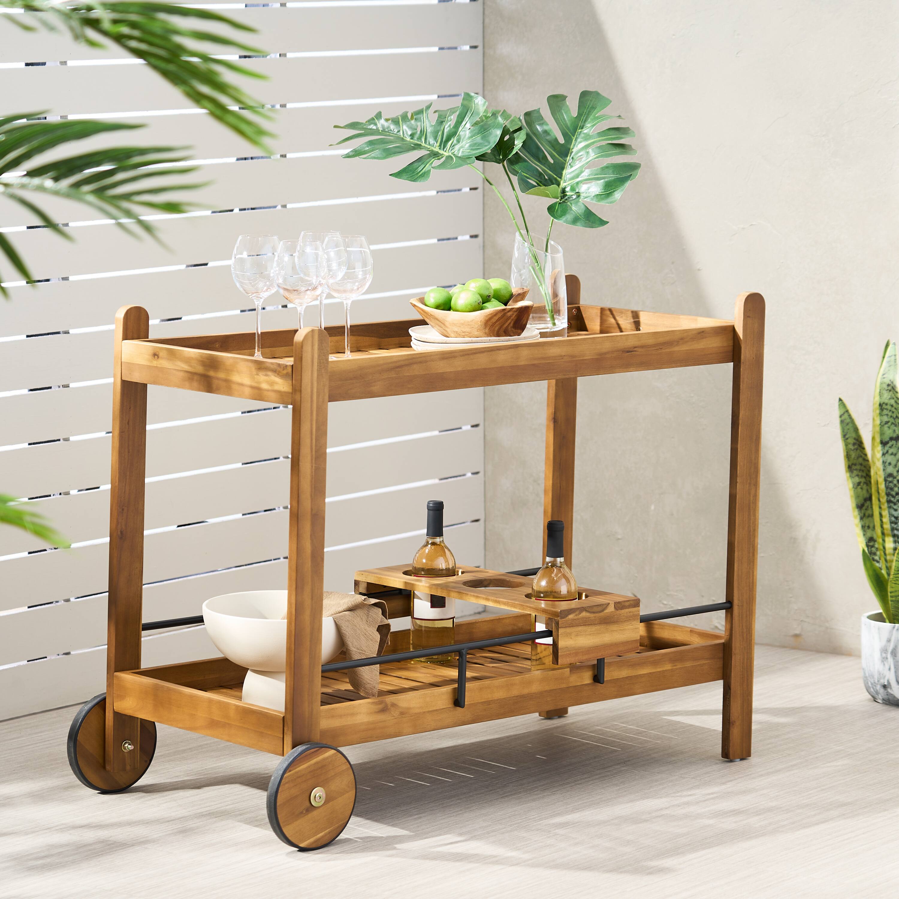 Back. APRILSOUL - Acacia Wood Slat Bar Cart Wheels Wine Bottle Holder Rolling Rustic Serving Trolley - Black.