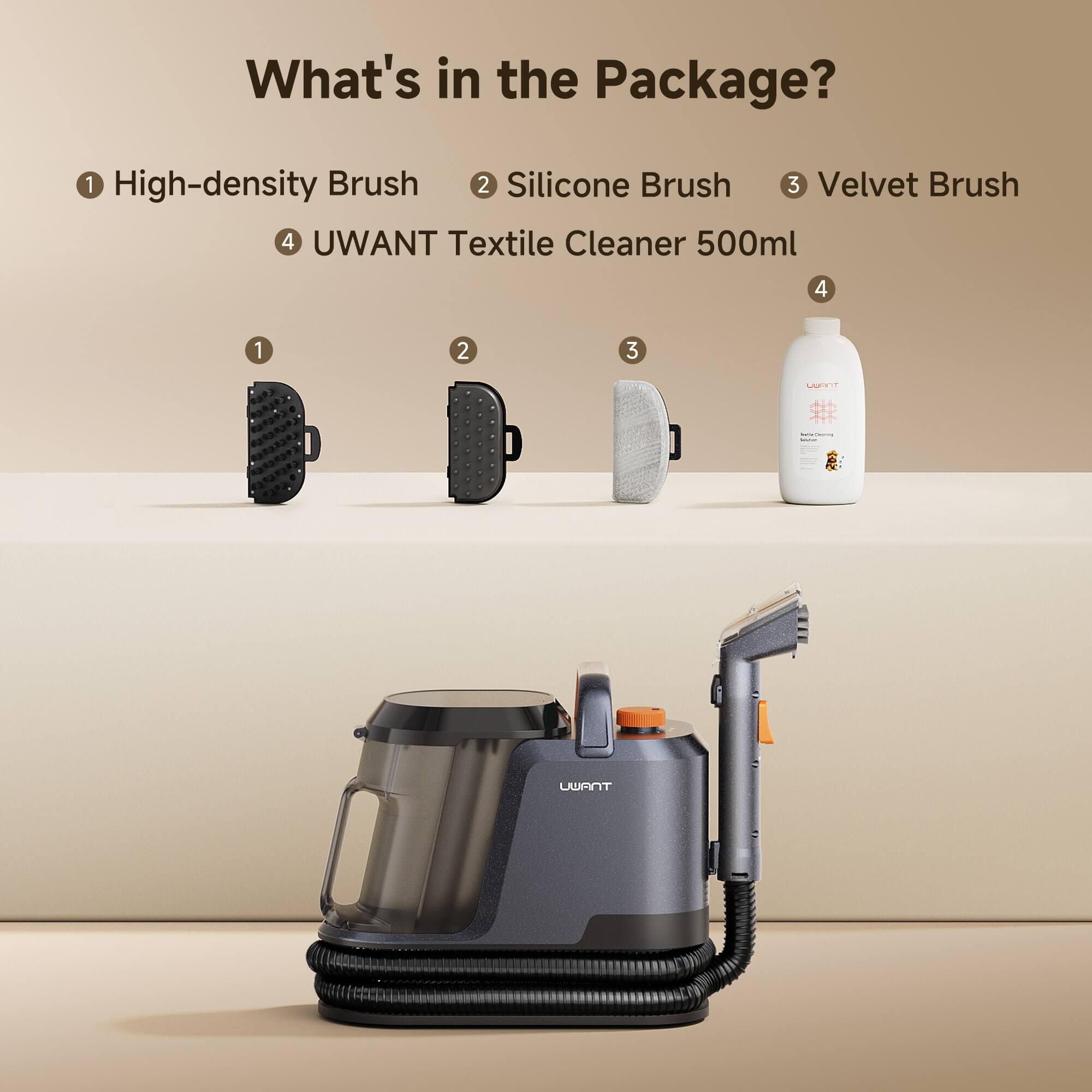 What's in the Package?
1 High-density Brush
2 Silicone Brush
3 Velvet Brush
4 UWANT Textile Cleaner 500ml