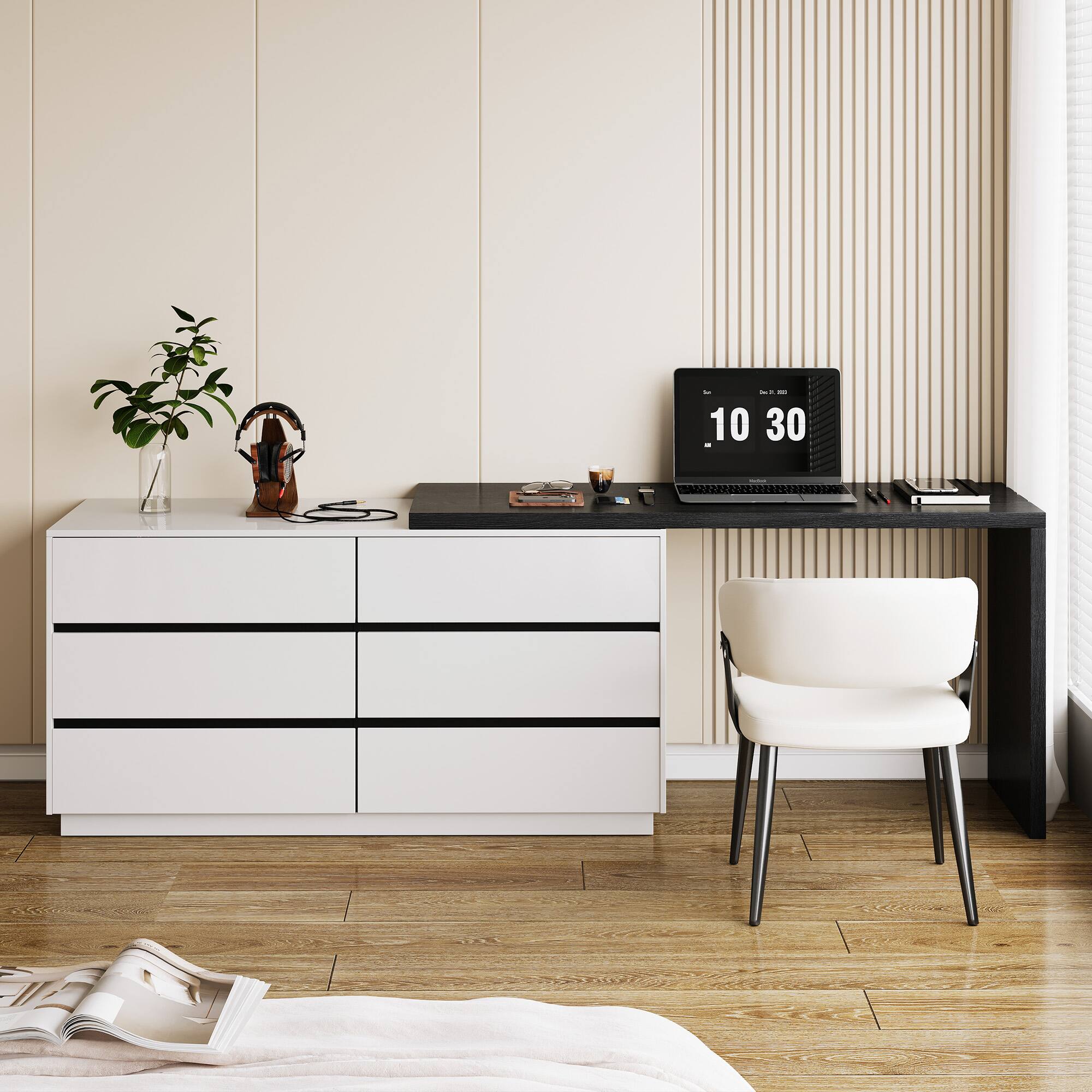 Left. luck idea - Modern Extendable Desk with 6-Drawer Storage, Reversible Left/Right Setup, Writing Desk for Home Office or Bedroom - Black.