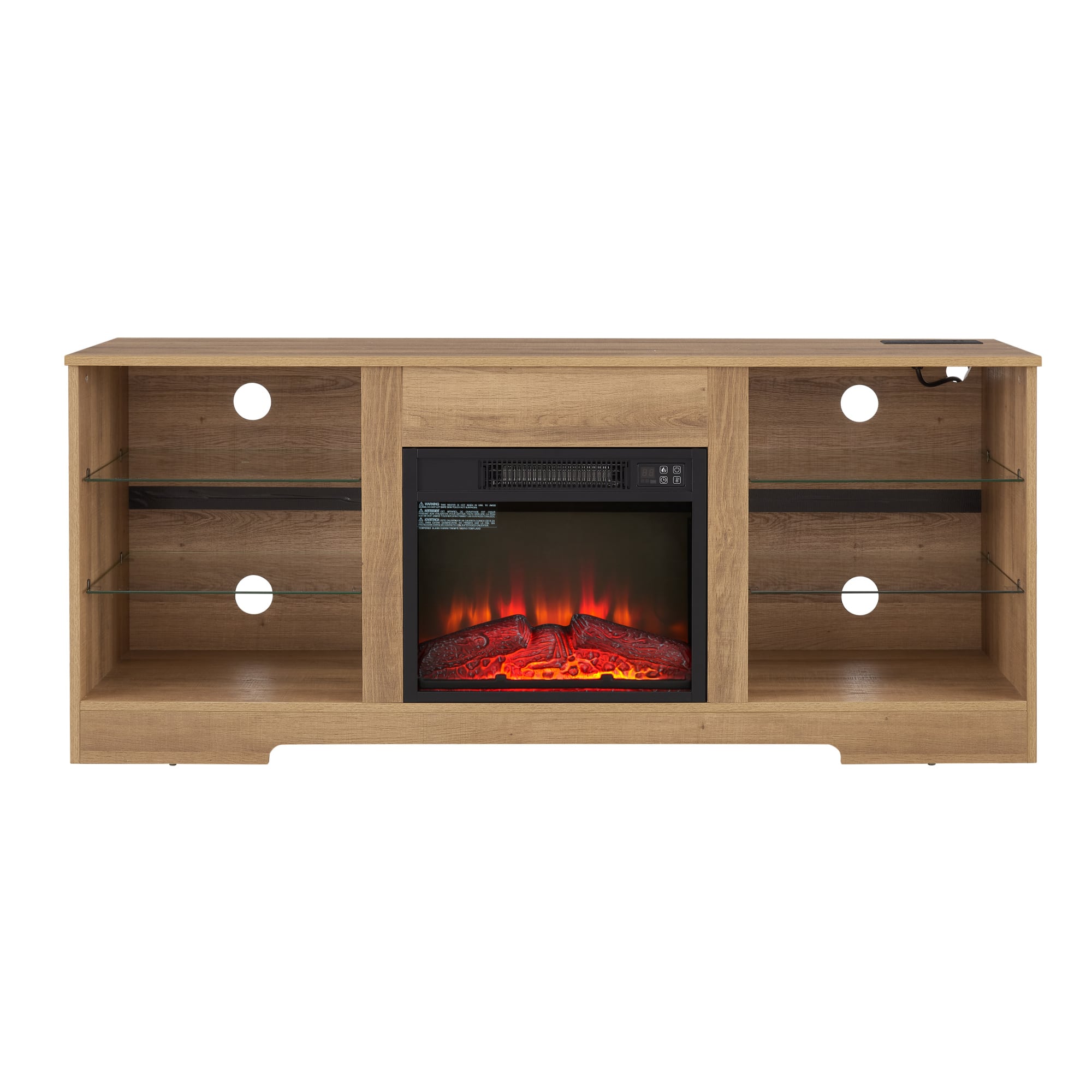 GOODSILO - Electric Fireplace TV Stand with Adjustable Glass Shelves and LED Lighting for Televisions Up to 62 Inches - Oak