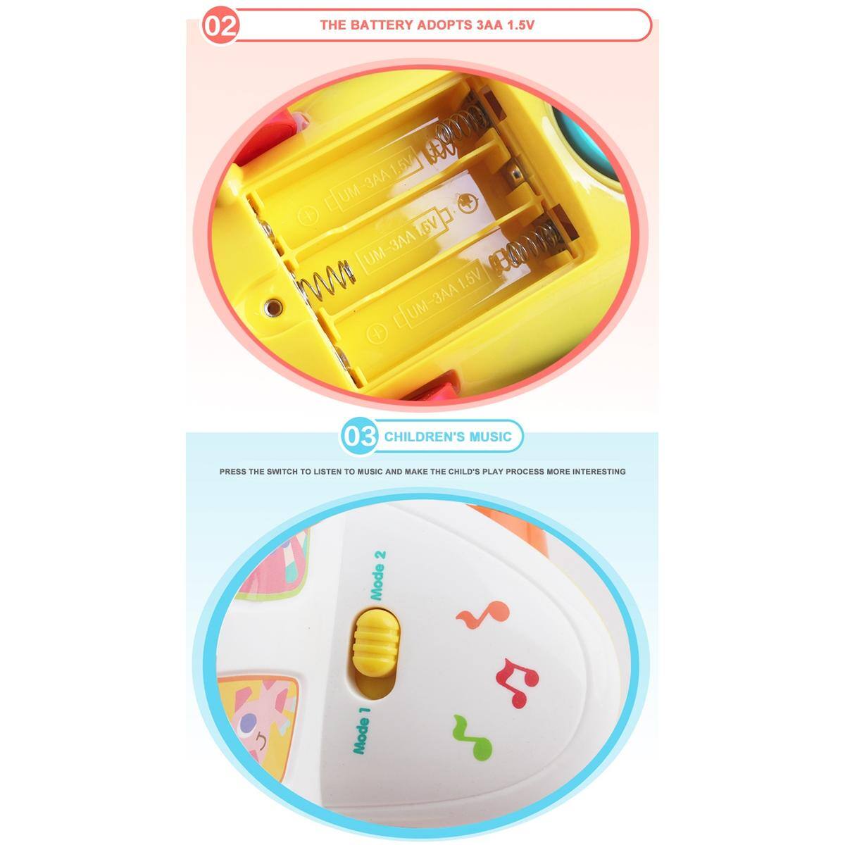02  
THE BATTERY ADOPTS 3AA 1.5V

03  
CHILDREN'S MUSIC  
PRESS THE SWITCH TO LISTEN TO MUSIC AND MAKE THE CHILD'S PLAY PROCESS MORE INTERESTING  
Mode 1  
Mode 2
