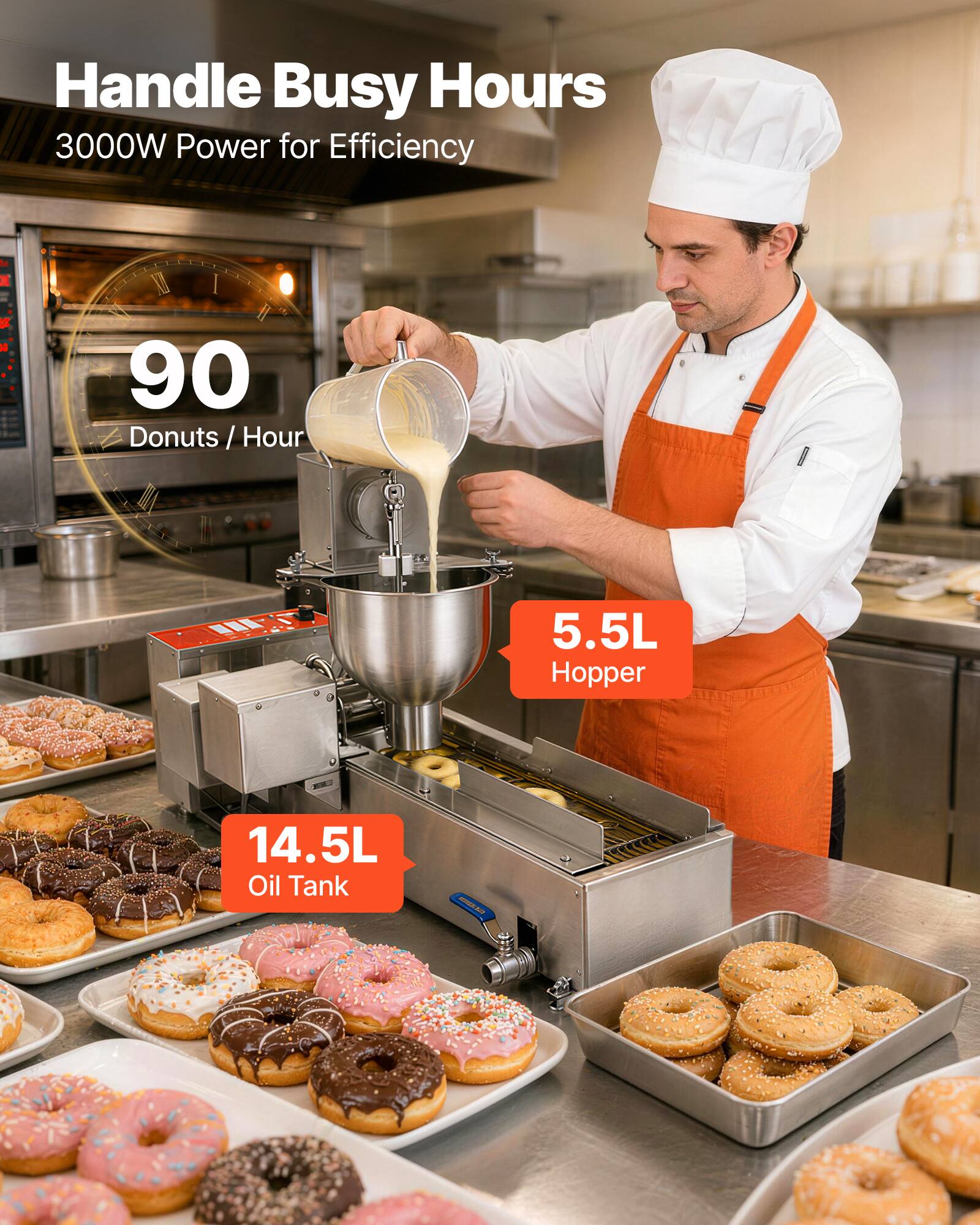 Handle Busy Hours  
3000W Power for Efficiency  
90 Donuts / Hour  
5.5L Hopper  
14.5L Oil Tank
