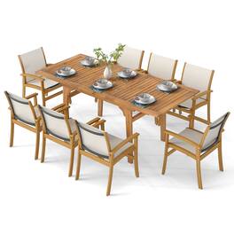 Costway - 9PCS Acacia Wood Outdoor Dining Set with 1.97" Umbrella Hole for Backyard, Garden - Natural,Off-White