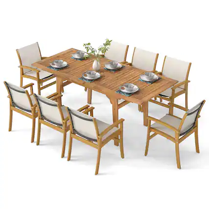 Front. Costway - Costway 9PCS Acacia Wood Outdoor Dining Set with 1.97" Umbrella Hole for Backyard, Garden - Natural,Off-White.