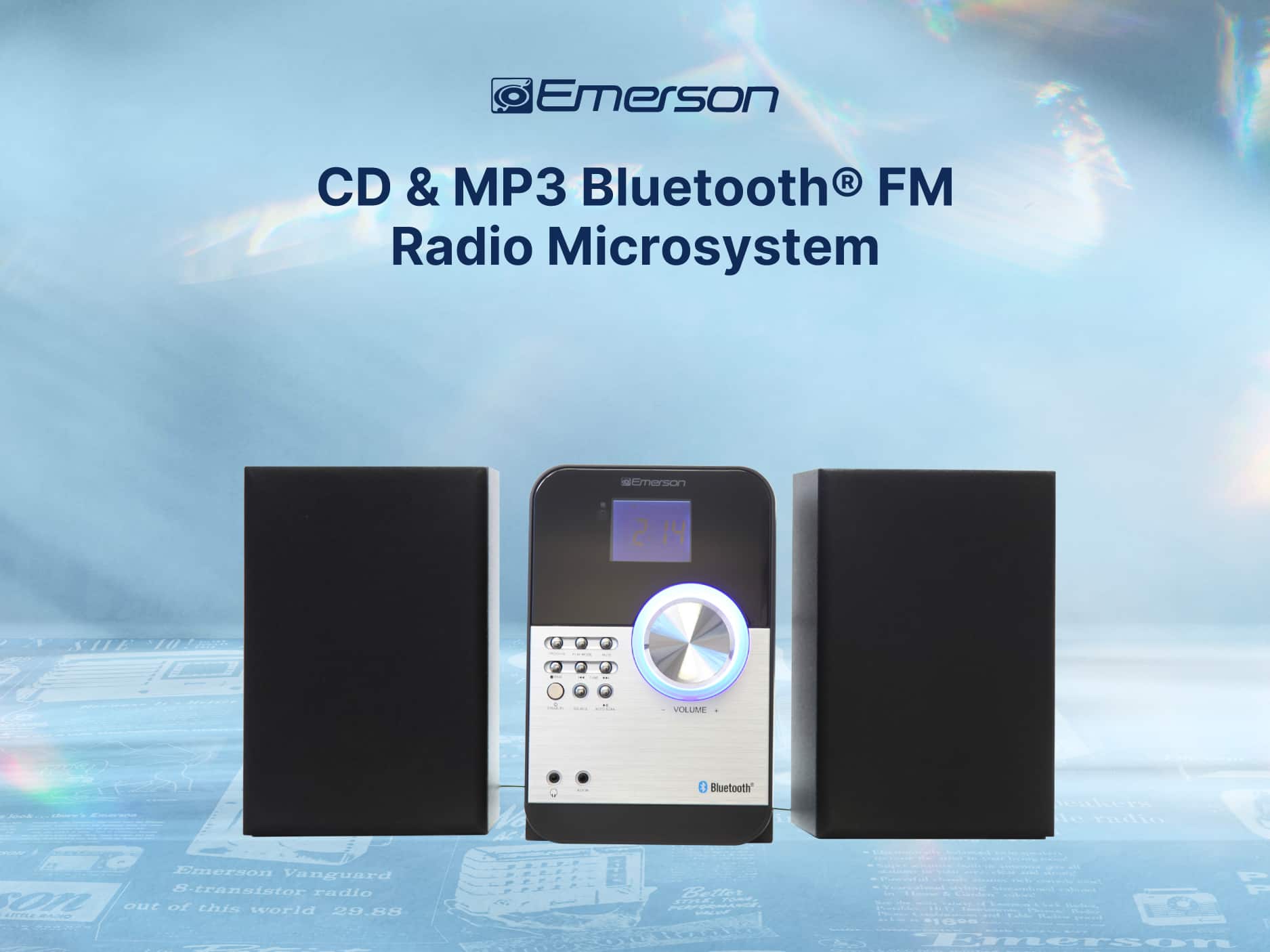 Emerson CD & MP3 Bluetooth® FM Radio Microsystem, Emerson Vanguard s-translstor radio C72 out of this world 29.88, Bluetooth, 2:14, VOLUME, 1800