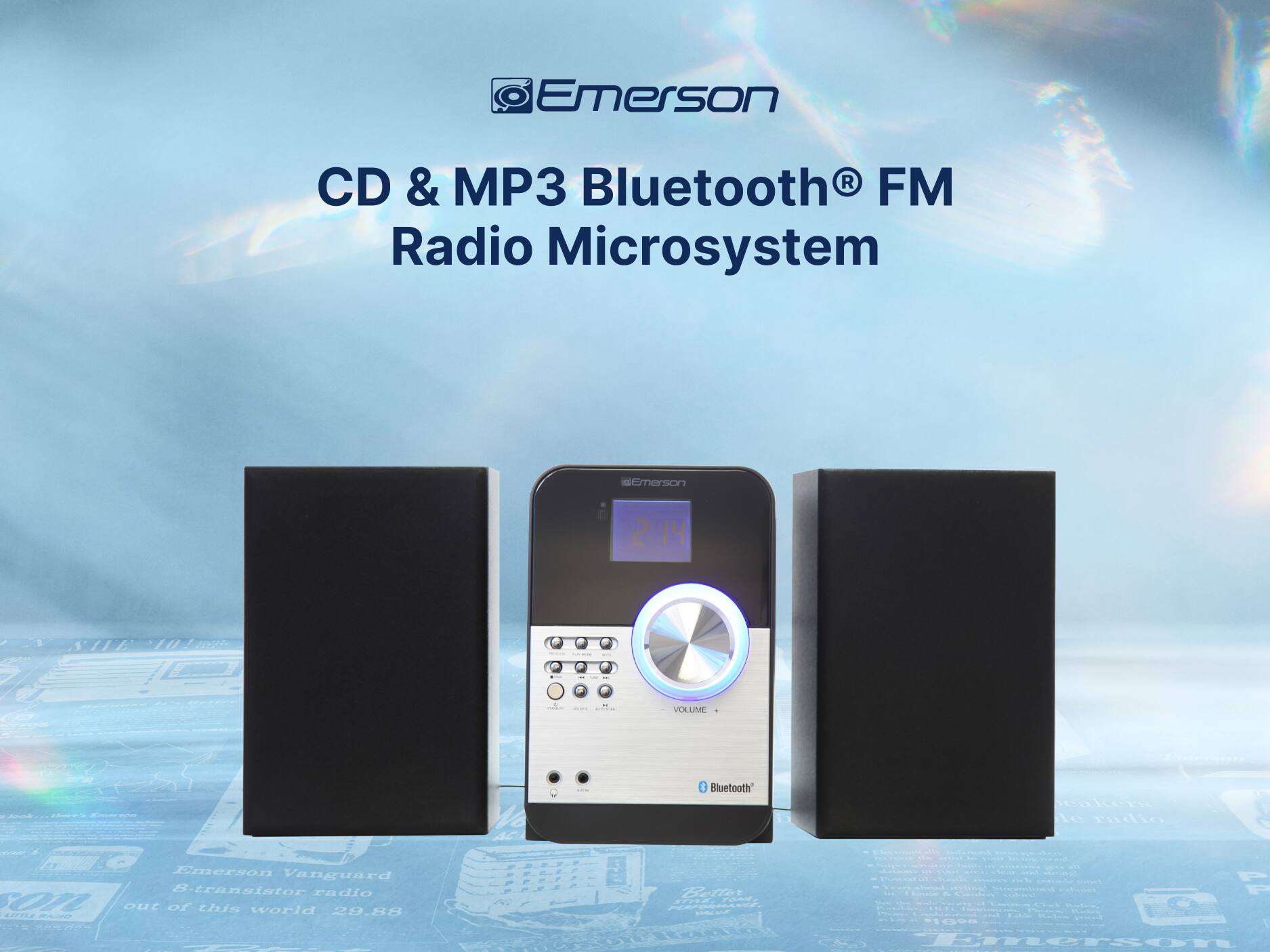 Emerson CD & MP3 Bluetooth® FM Radio Microsystem, Emerson Vanguard s-translstor radio C72 out of this world 29.88, Bluetooth, 2:14, VOLUME, 1800