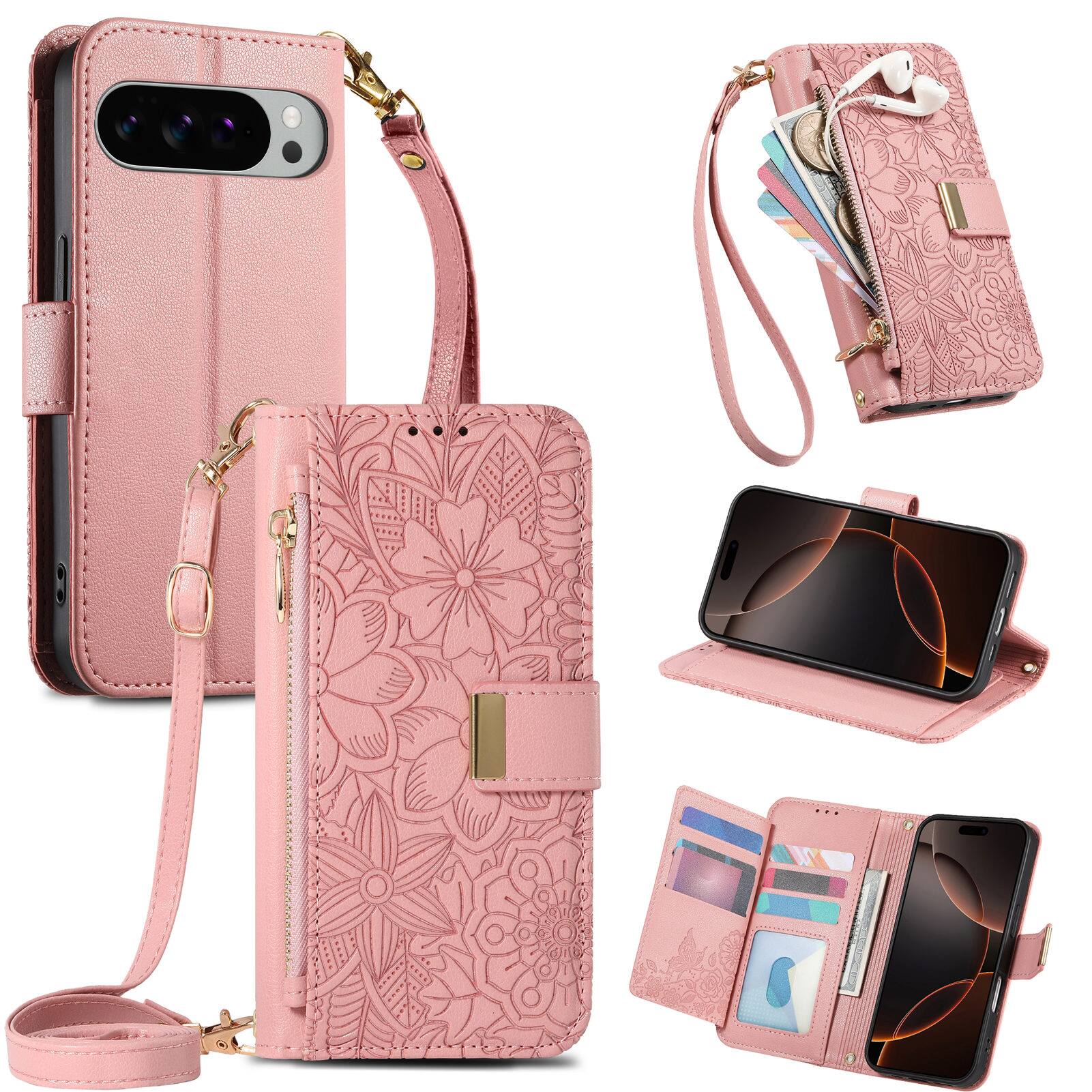Angle. Dteck - Floral Embossed Leather Zipper Cash Slot Wallet Case for Google Pixel 11 Pro XL with Detachable Strap - Rosegold.