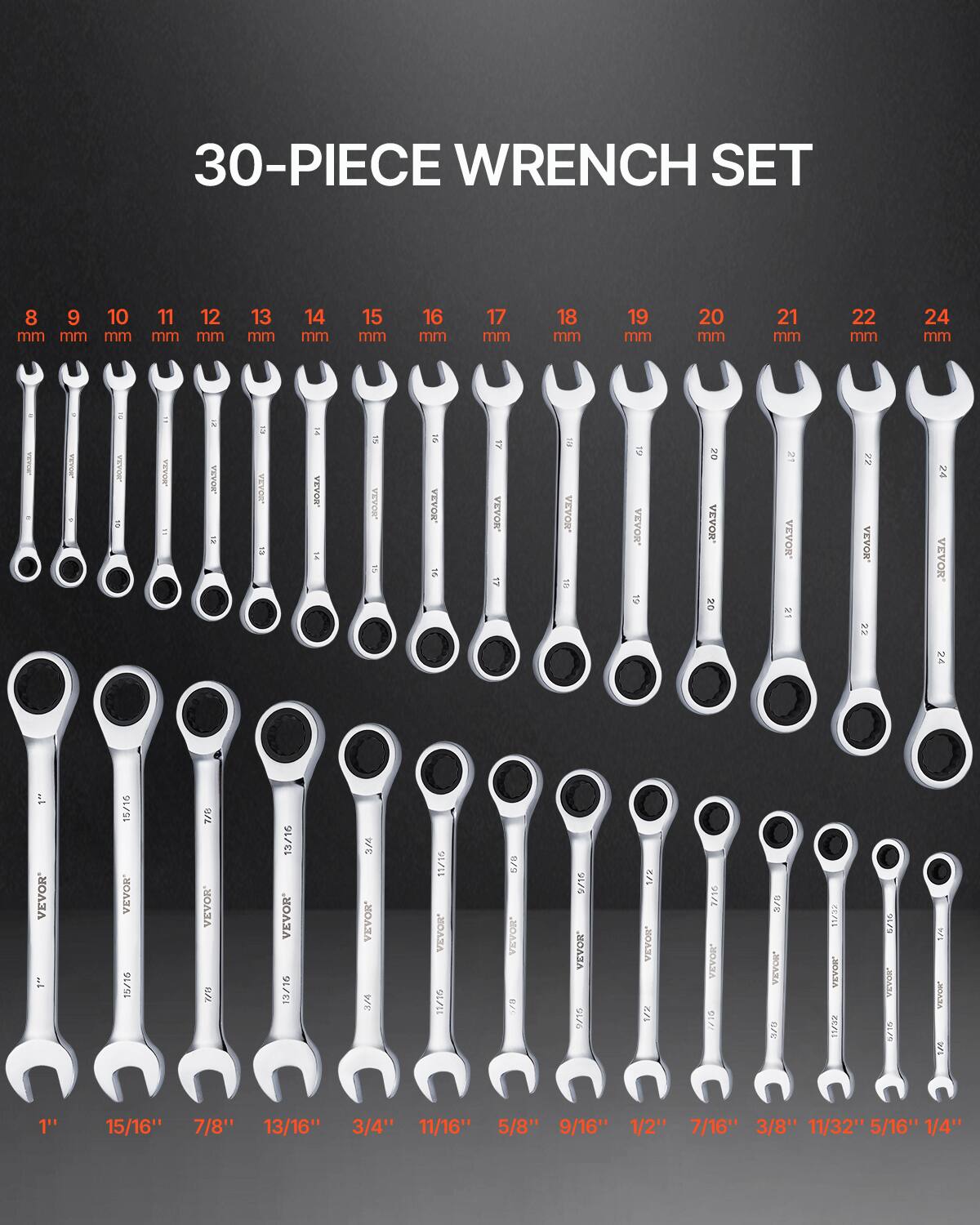 30-PIECE WRENCH SET

8 mm 9 mm 10 mm 11 mm 12 mm 13 mm 14 mm 15 mm 16 mm 17 mm 18 mm 19 mm 20 mm 21 mm 22 mm 24 mm

1" 15/16" 7/8" 13/16" 3/4" 11/16" 5/8" 9/16" 1/2" 7/16" 3/8" 11/32" 5/16" 1/4"