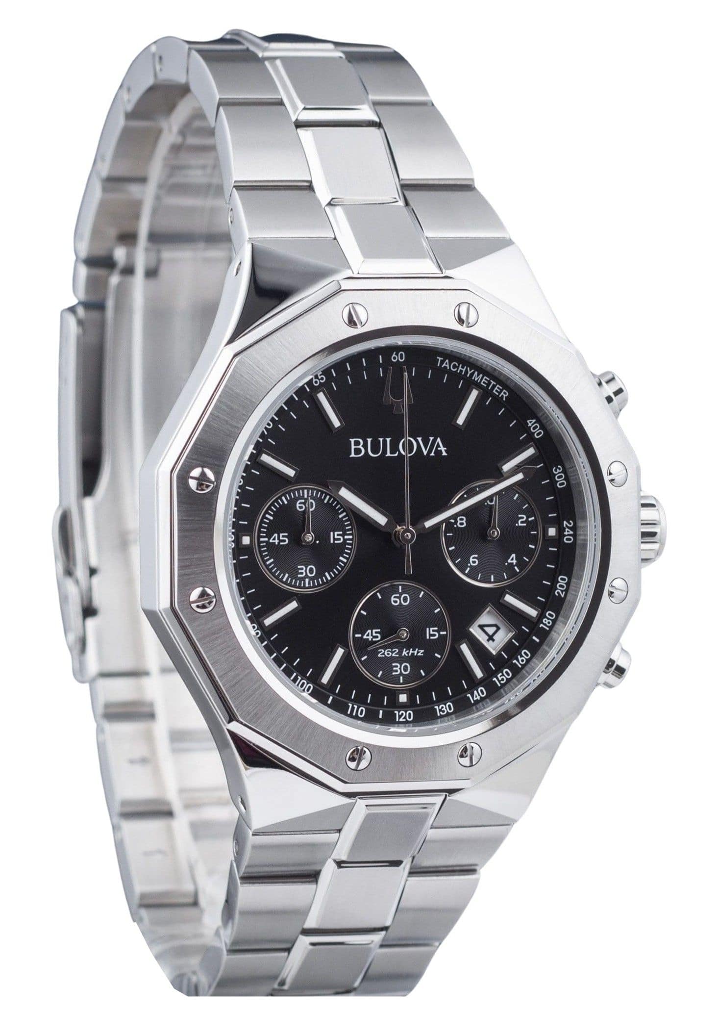 Bulova - Classic Precisionist Octagon Chronograph Tachymeter Stainless Steel Black Dial Quartz 8 Jewels 96B410 Mens Watch - Silver/Black
