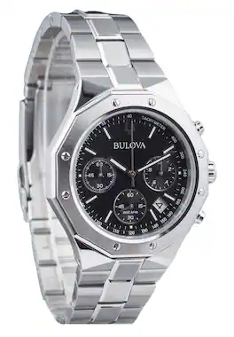 Bulova - Classic Precisionist Octagon Chronograph Tachymeter Stainless Steel Black Dial Quartz 8 Jewels 96B410 Mens Watch - Silver/Black