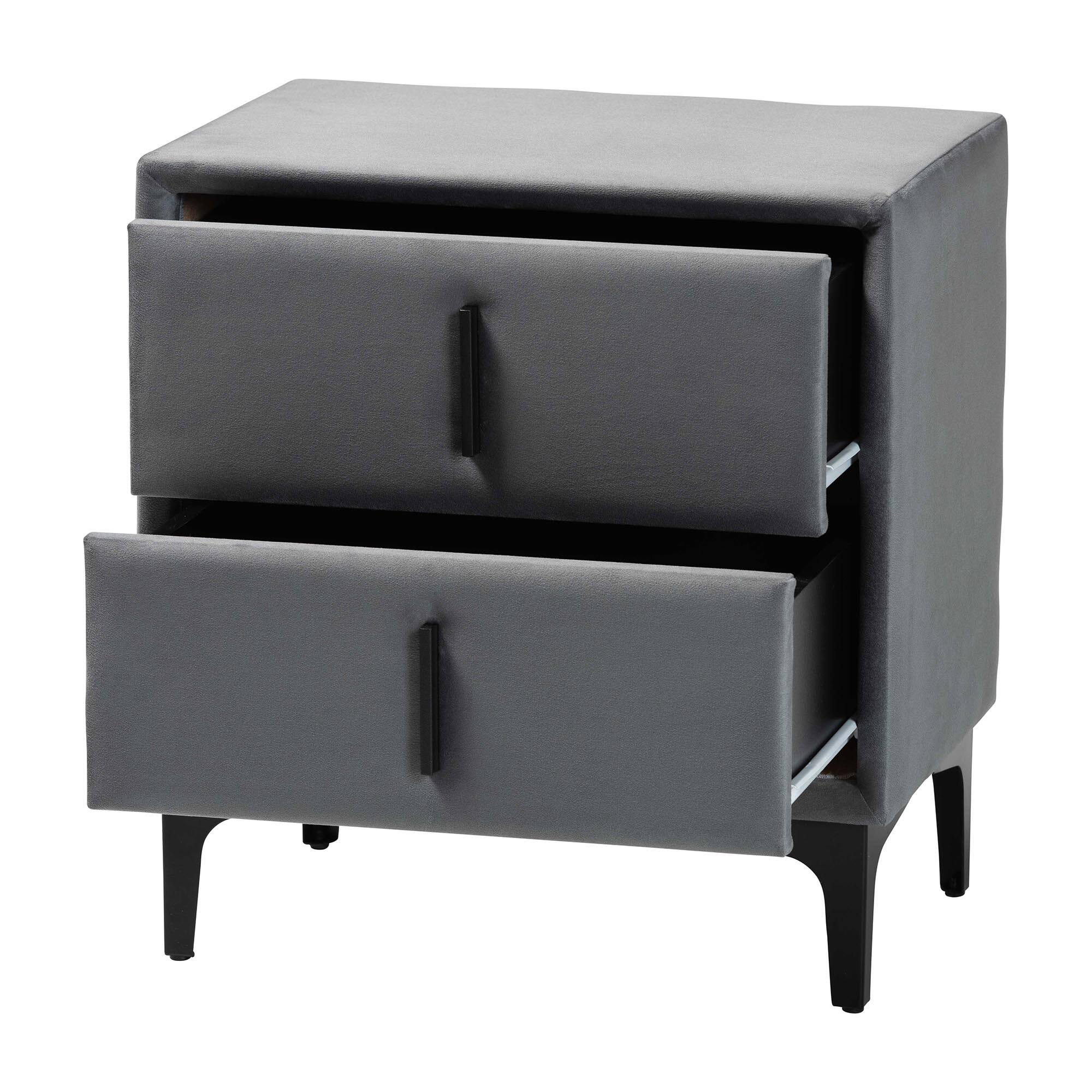 Angle. Baxton Studio - Etienne Modern Slate Velvet 2-Drawer Nightstand - Slate Grey/Black.