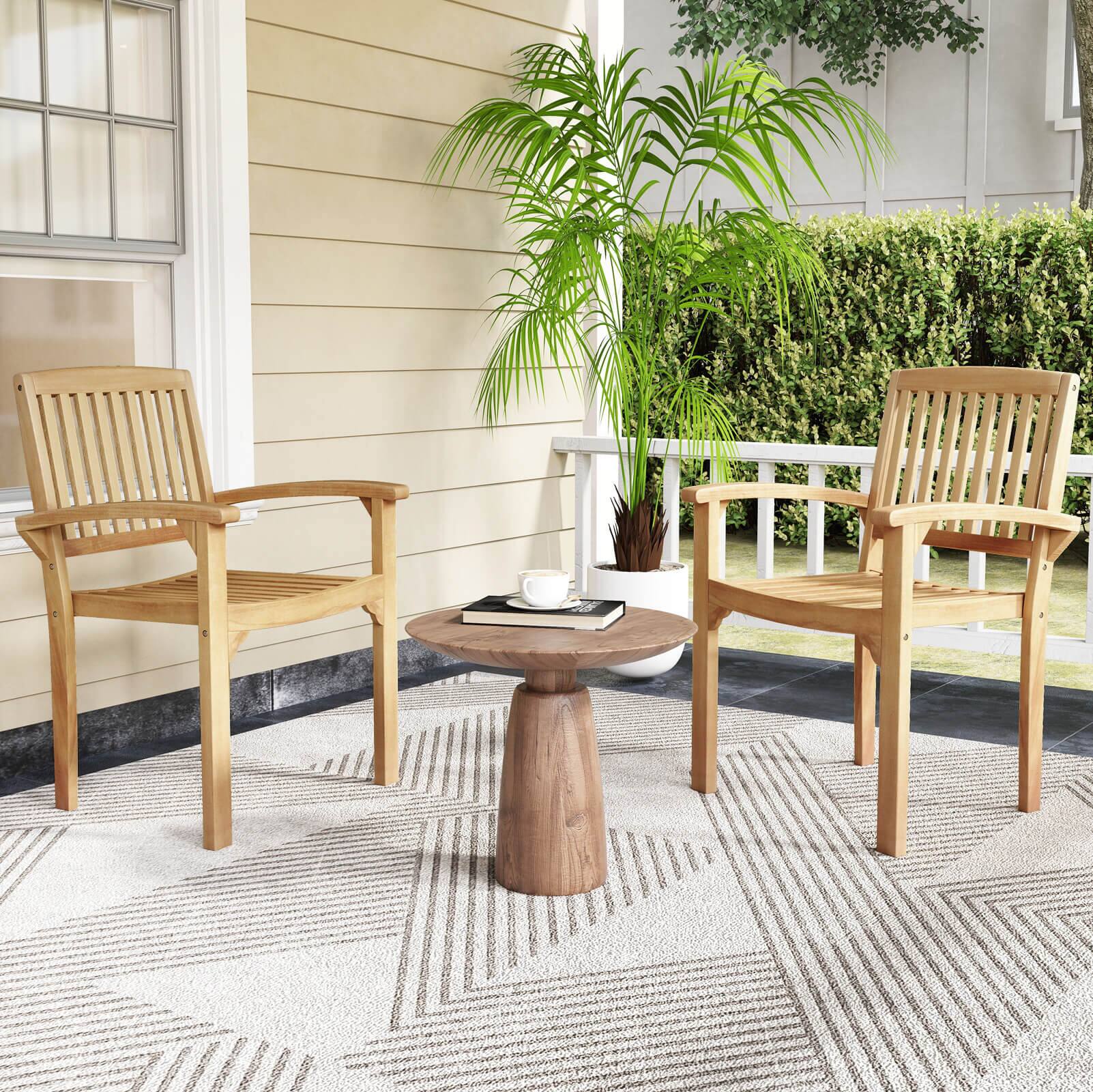 Alt View 3. Costway - Costway 2 PCS Outdoor Patio Chair Teak Wood Armchair with Slatted Seat & Curved Seat - Natural.