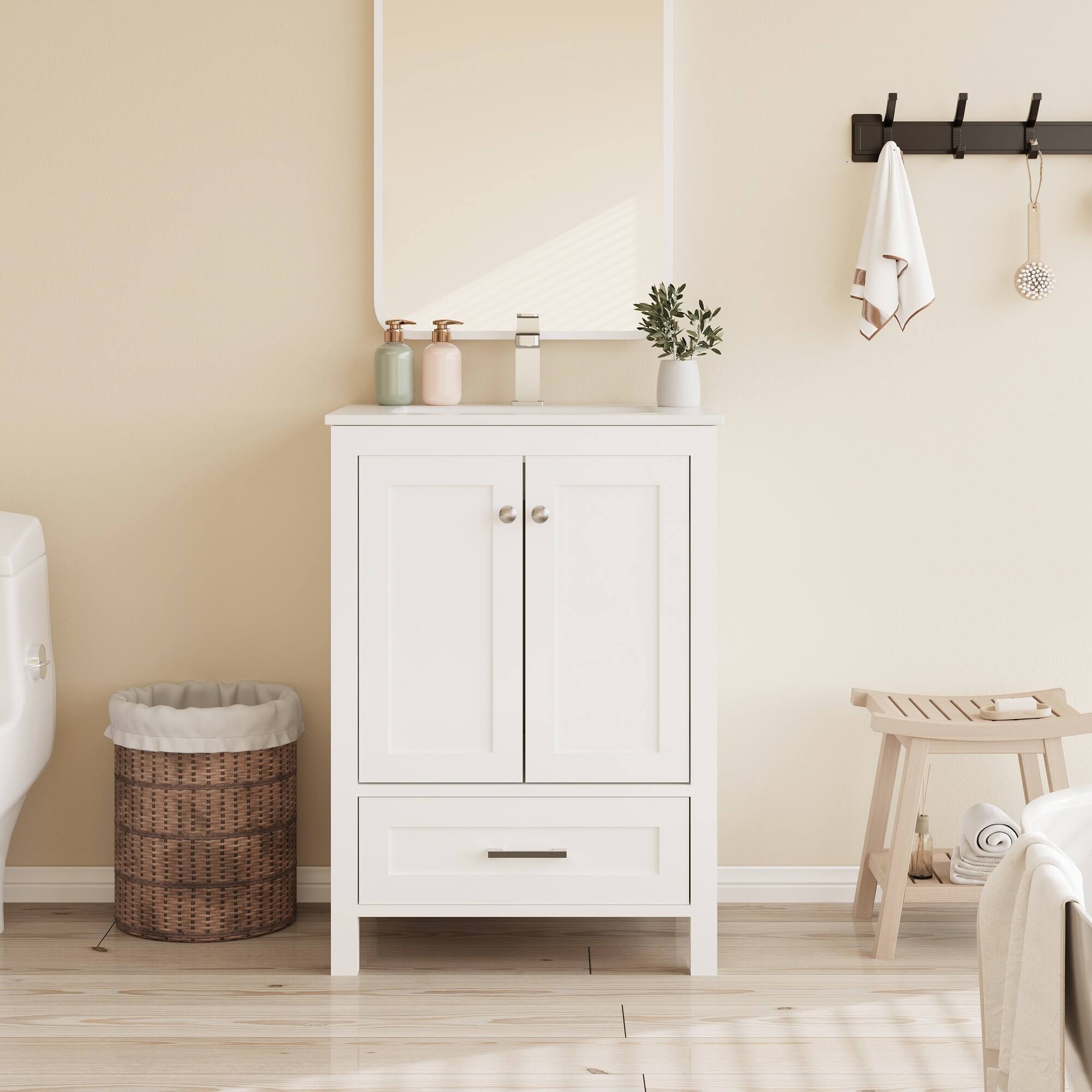 Alt View 5. U-HOMY - Modern Bathroom Vanity with Ceramic Sink, Soft-Close Storage Cabinet and Drawer, Glossy Countertop, White - 24"x18".