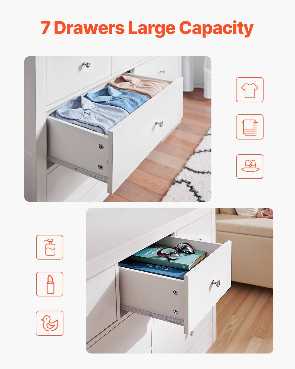 7 Drawers Large Capacity

- Shirt
- Books
- Hat
- Bottle
- Bottle
- Duck