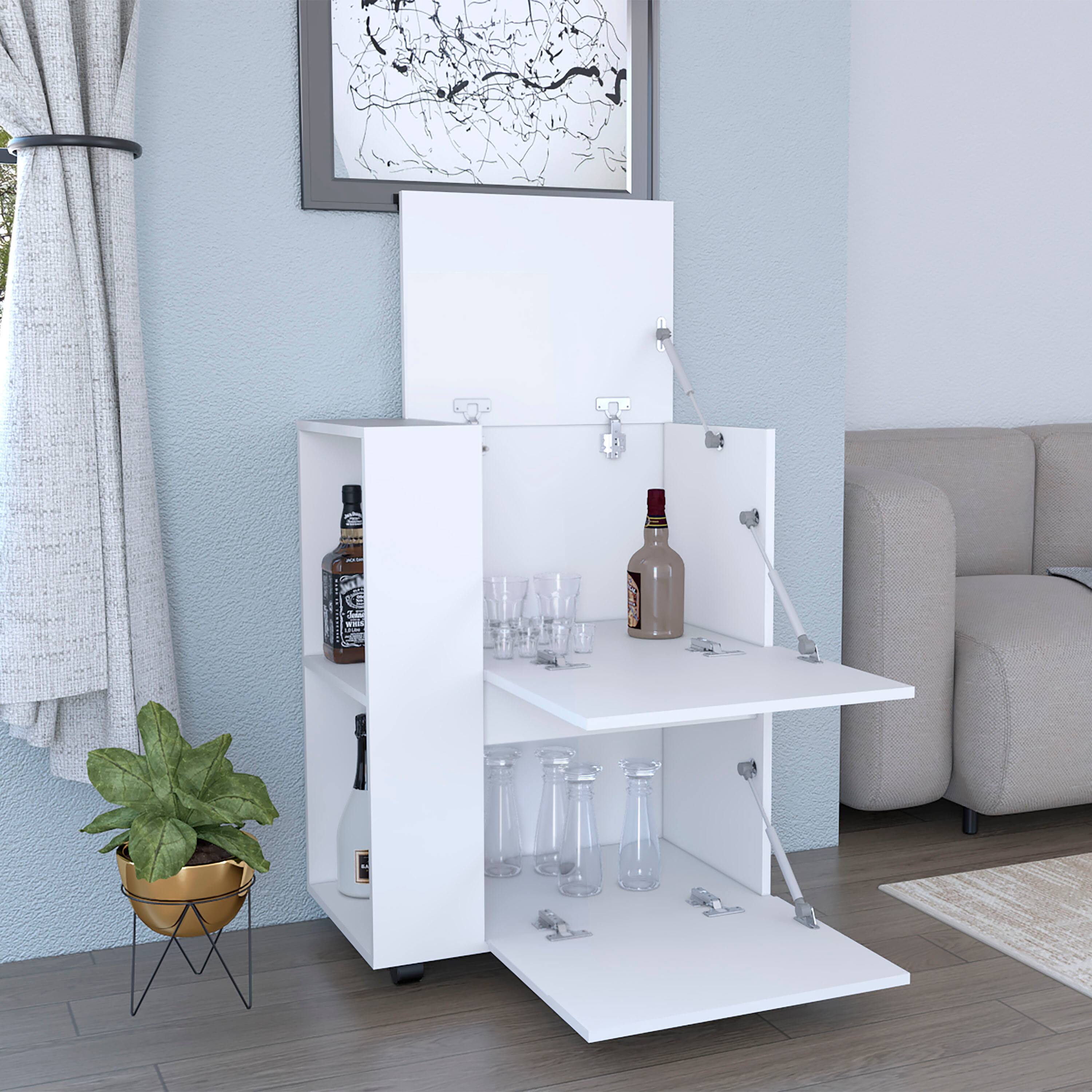 Back. TuHome - Glasgow Bar Cart with Two Pull-Down Door Cabinets and Two Open Shelves, Living Room or Bar Room. - White.