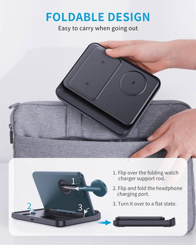 FOLDABLE DESIGN  
Easy to carry when going out  

1. Flip over the folding watch charger support rod.  
2. Flip and fold the headphone charging port.  
3. Turn it over to a flat state.