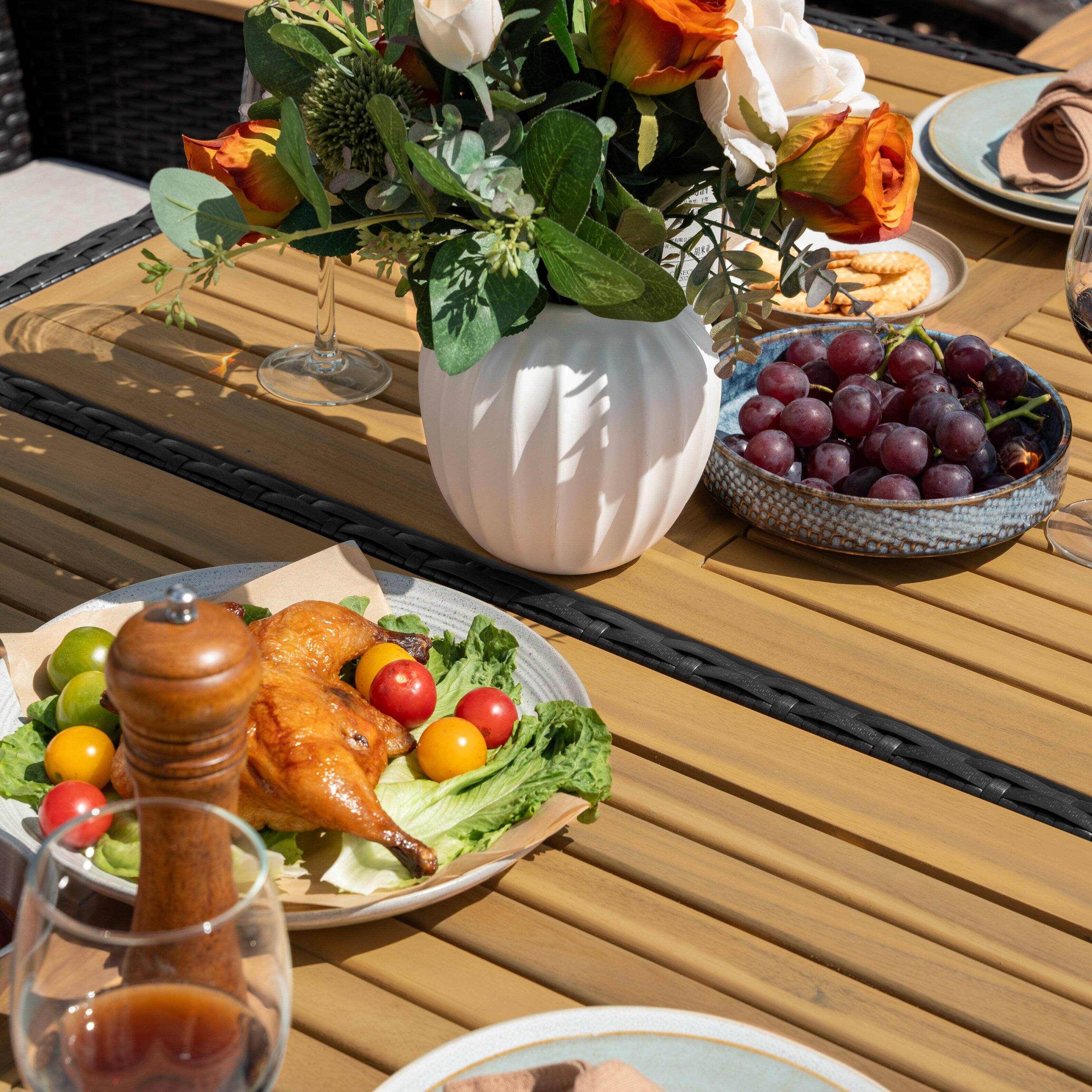 Alt View 7. Nuu Garden - Outdoor 59" x 35" Rectangular Dining Table for 6 with Acacia Wood Slatted Tabletop, PE Rattan-Wrapped Metal Frame - Black.